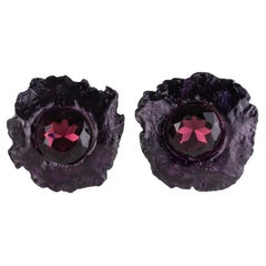 Brutalist Clip Earrings with Pearly Purple Resin and Crystal Cabochon