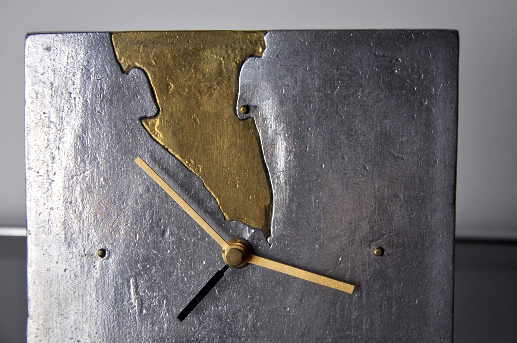 Aluminum Brutalist Clock in Brass & Aluminium by Art3, Spain, 1970