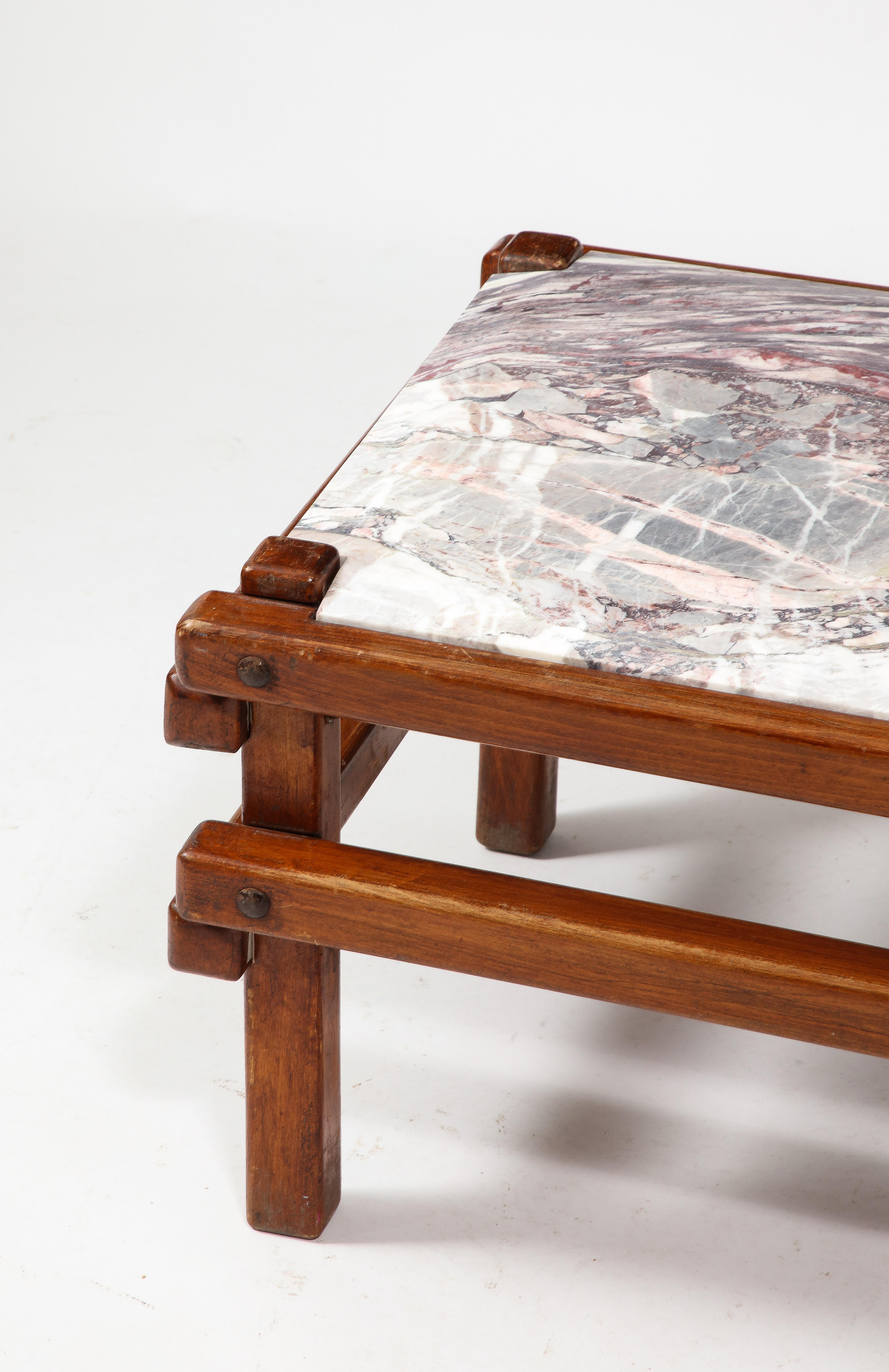 Brutalist Coffee Cocktail Table with Pink Marble Top, France 1950's For Sale 5