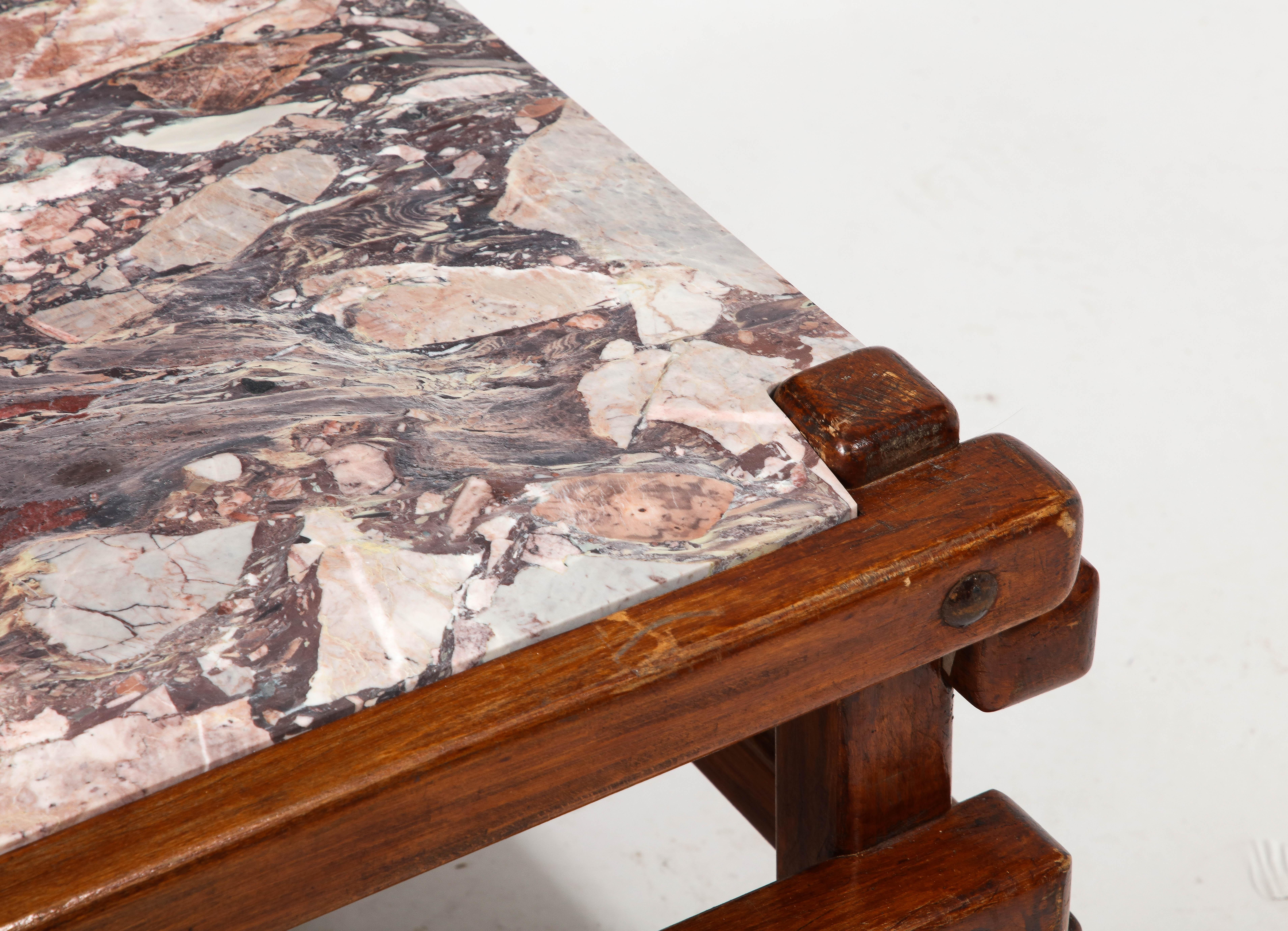 Brutalist Coffee Cocktail Table with Pink Marble Top, France 1950's For Sale 7