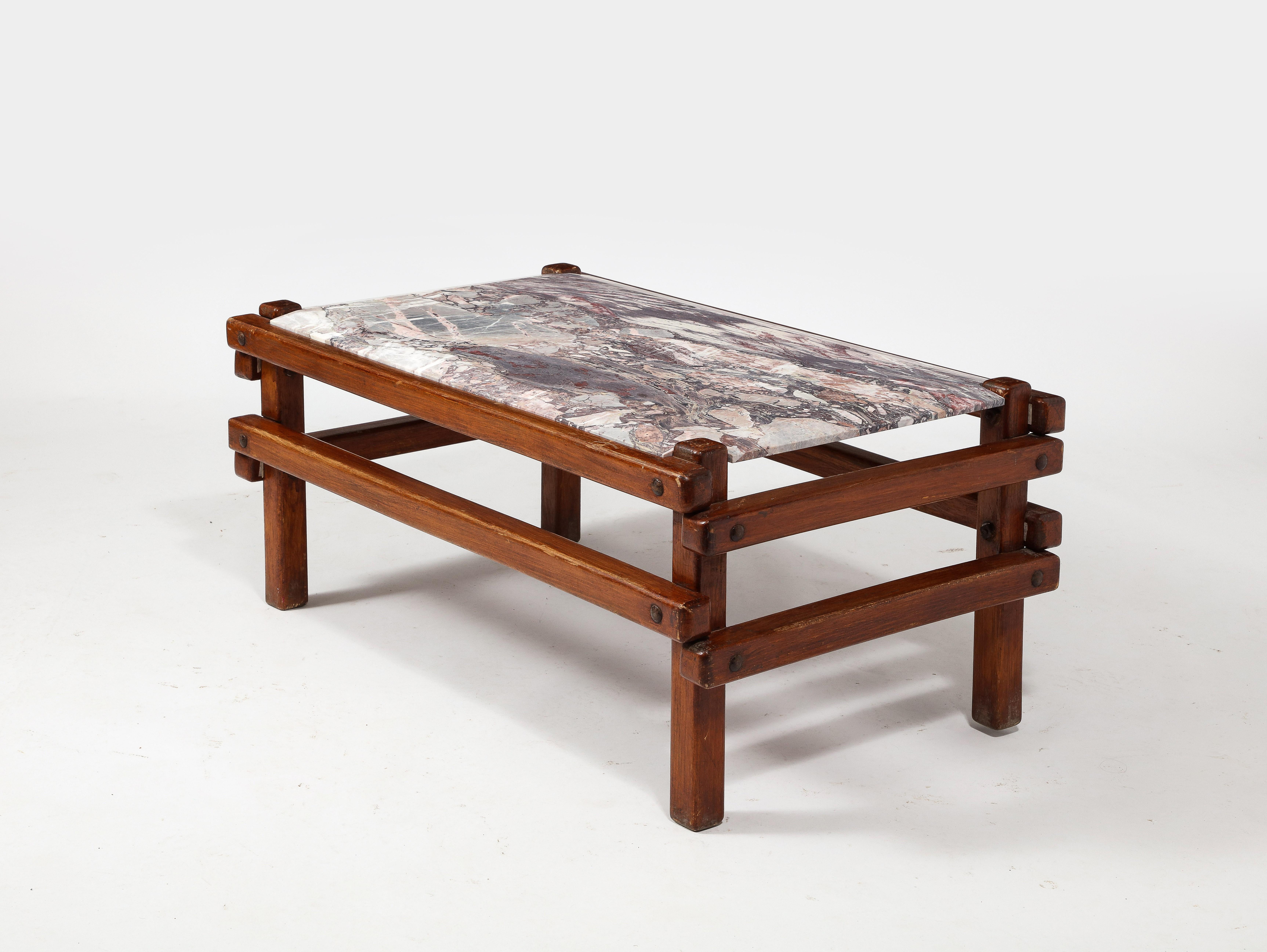 Brutalist Coffee Cocktail Table with Pink Marble Top, France 1950's For Sale 1