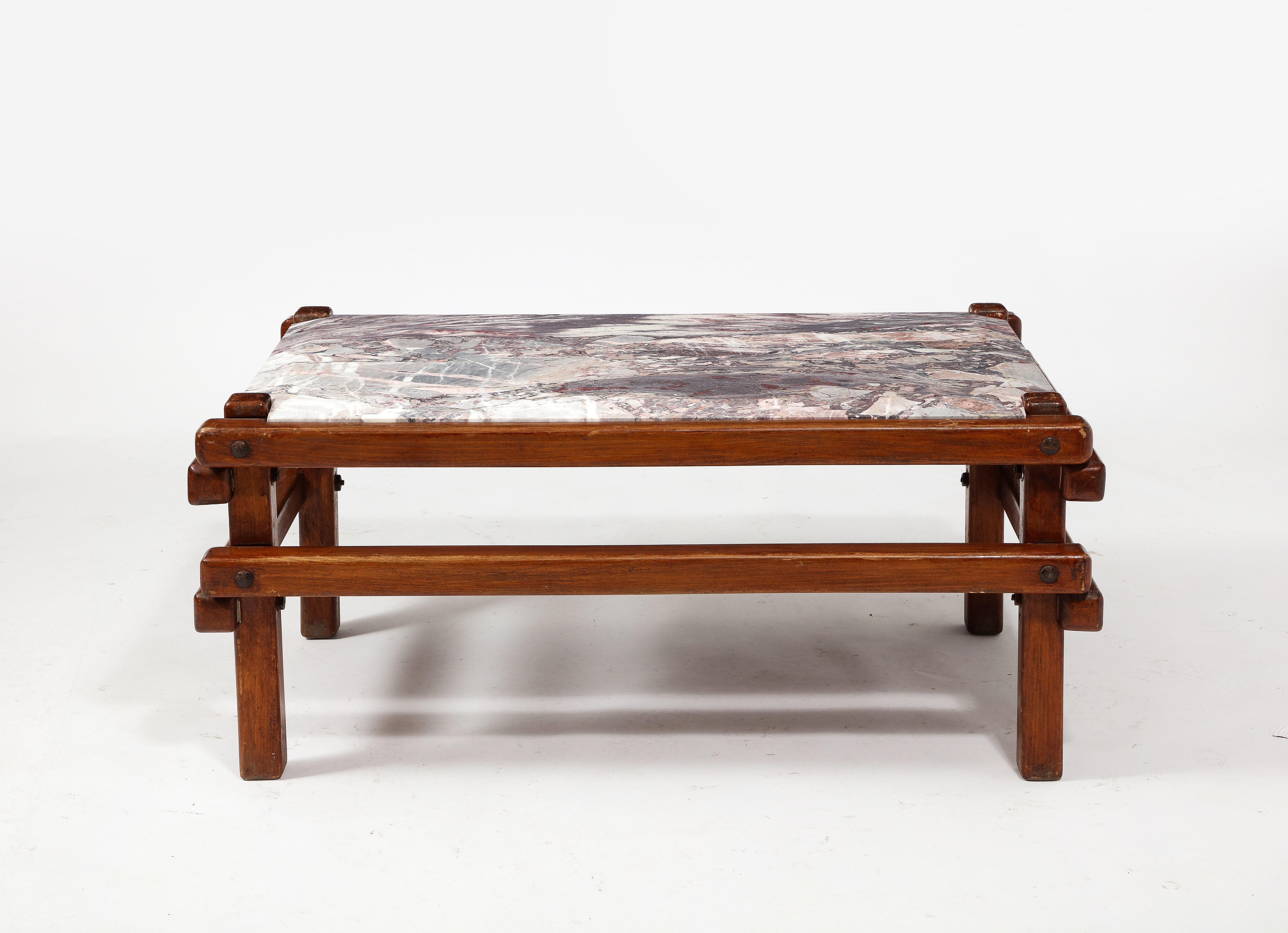 Brutalist Coffee Cocktail Table with Pink Marble Top, France 1950's For Sale 4