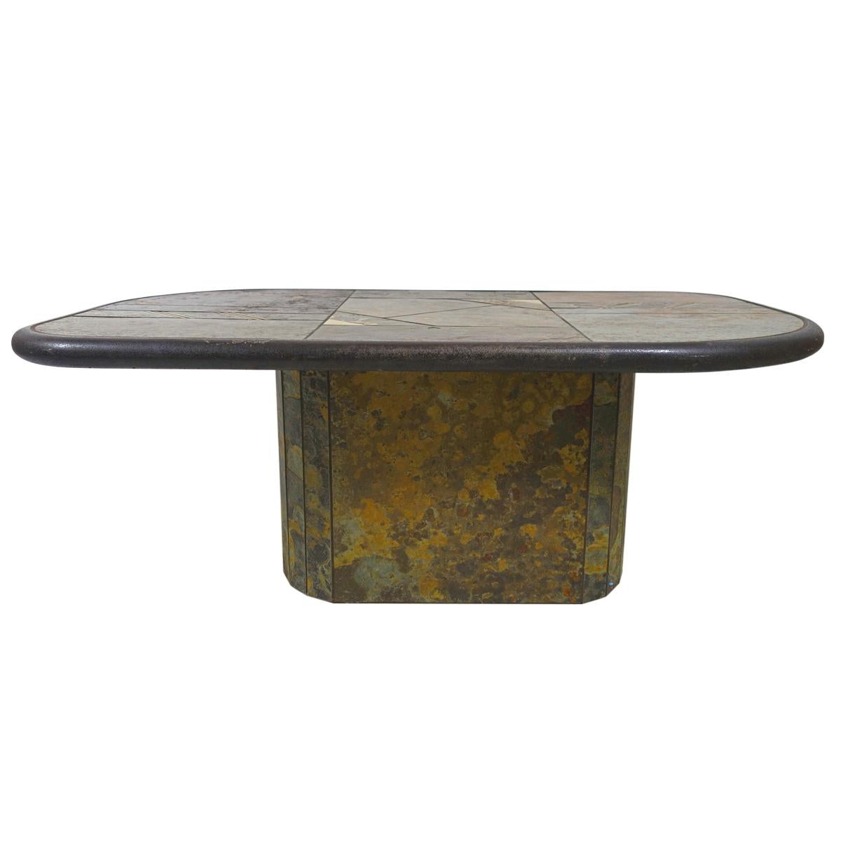 Dutch Brutalist Coffee Table Attributed to Paul Kingma Made of Stone, Slate and Brass For Sale