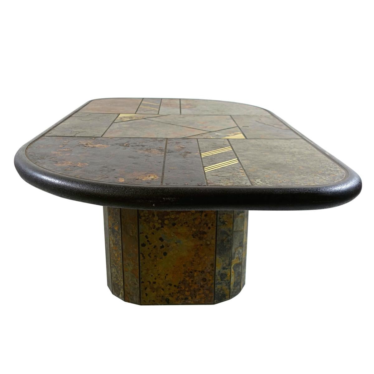 Late 20th Century Brutalist Coffee Table Attributed to Paul Kingma Made of Stone, Slate and Brass For Sale