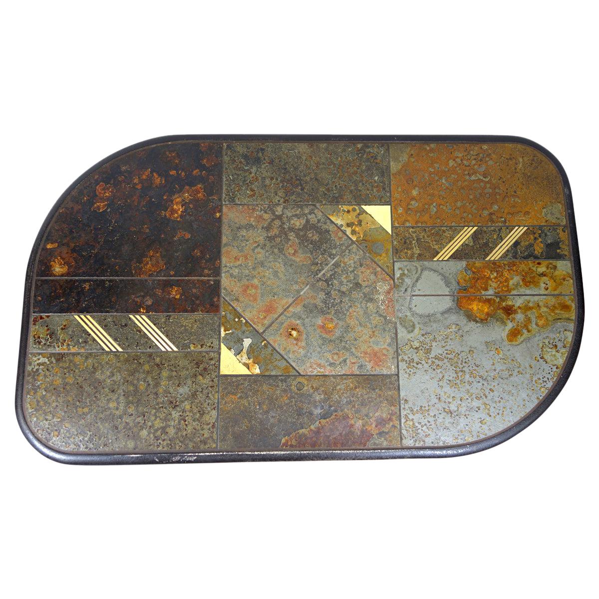 Brutalist Coffee Table Attributed to Paul Kingma Made of Stone, Slate and Brass For Sale