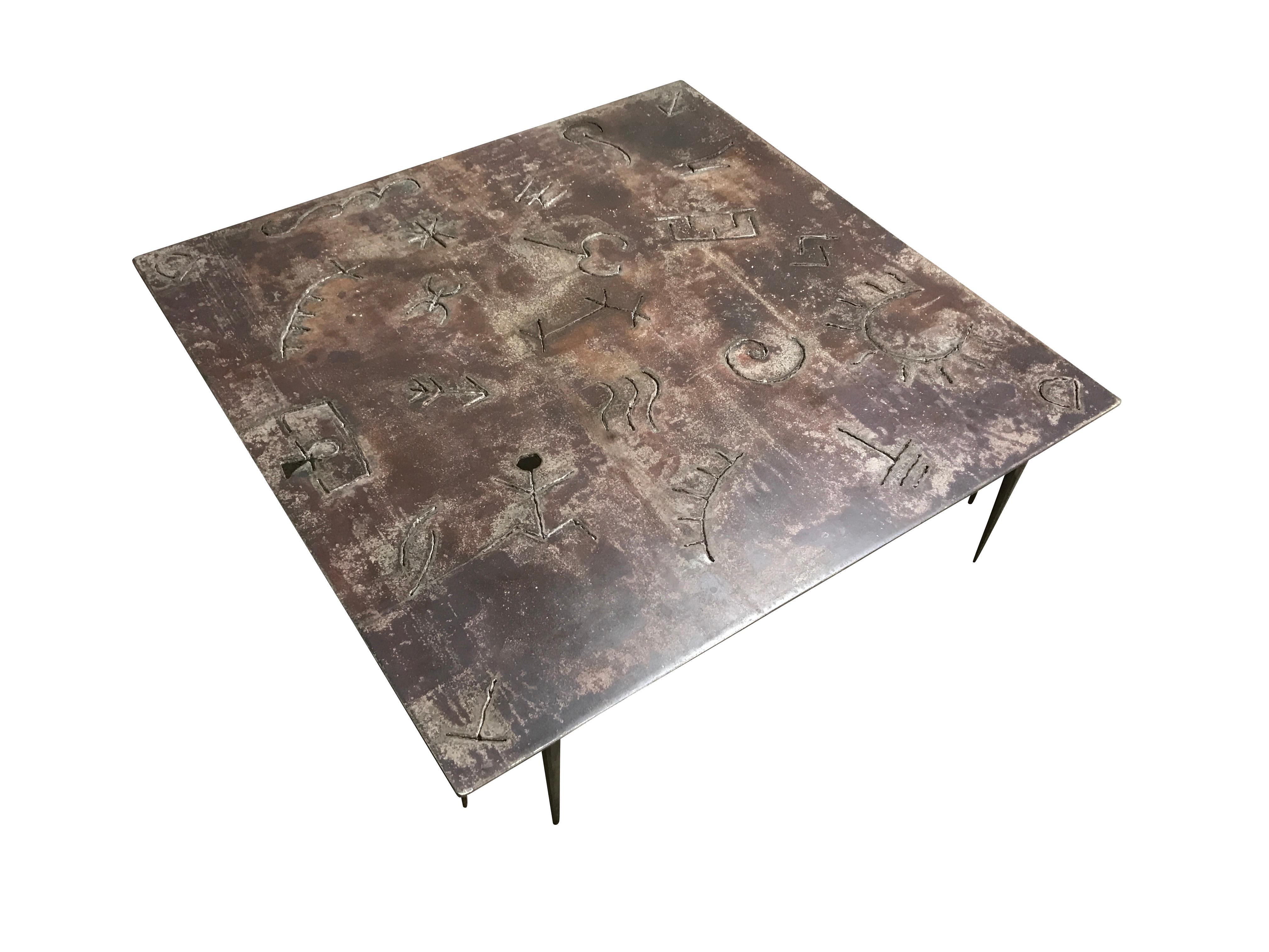 Brutalist coffee table made of solid steel by Idir Mecibah (1958-2013) and produced by Smederij Moerman.

Forged steel base welded to the top.

Signed.

Idir Mecibah died at the age of 55, in Antwerp Belgium This designer was just getting