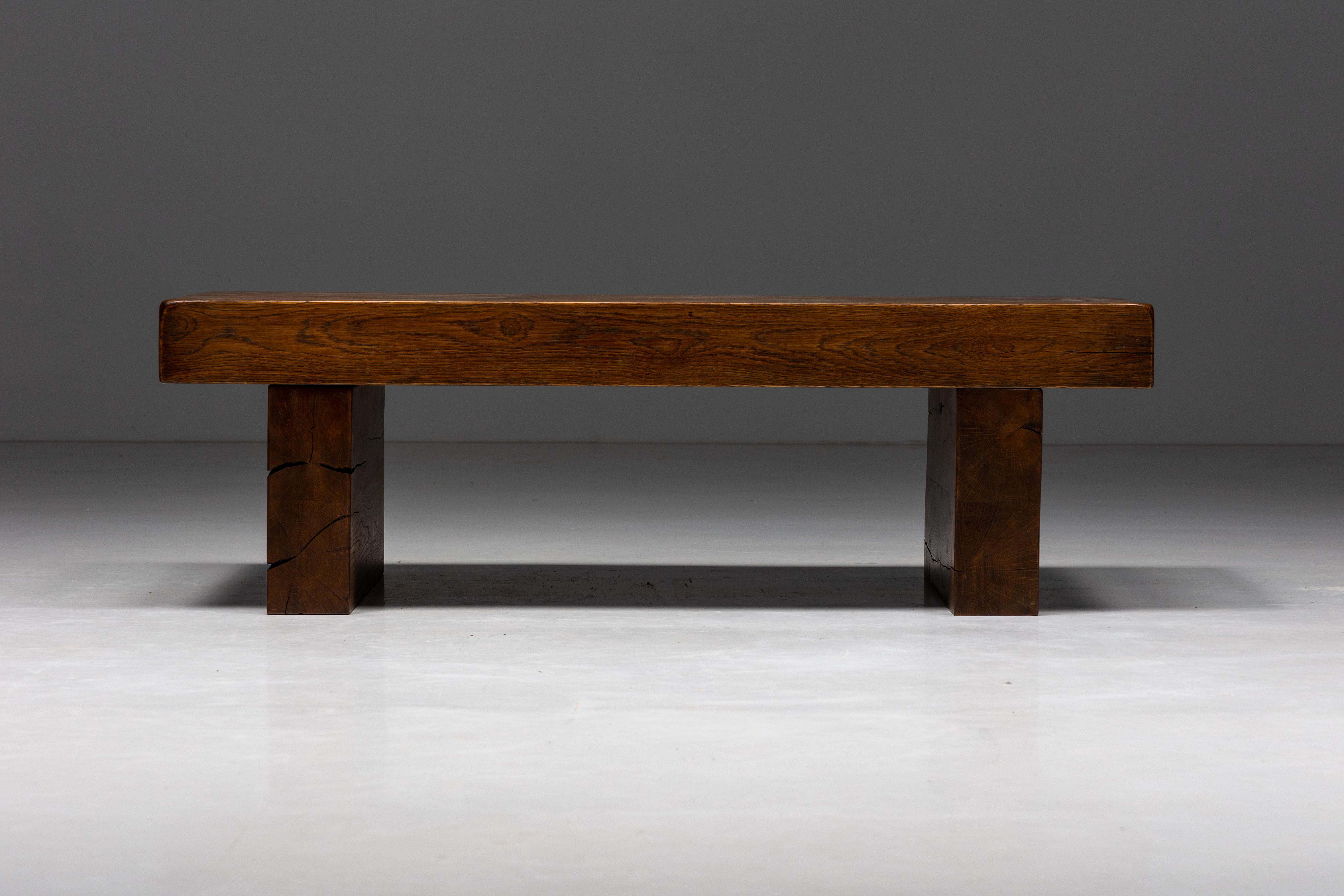 Primitive; Monoxylite; Rustic; Coffee Table; Wood; Wabi Sabi; Folk Art; Side Table; Patina; 1950s; Early 20th Century; France; Artisan;

Rustic brutalist wooden coffee table with a two-legged base, made of solid wood with a very charismatic
