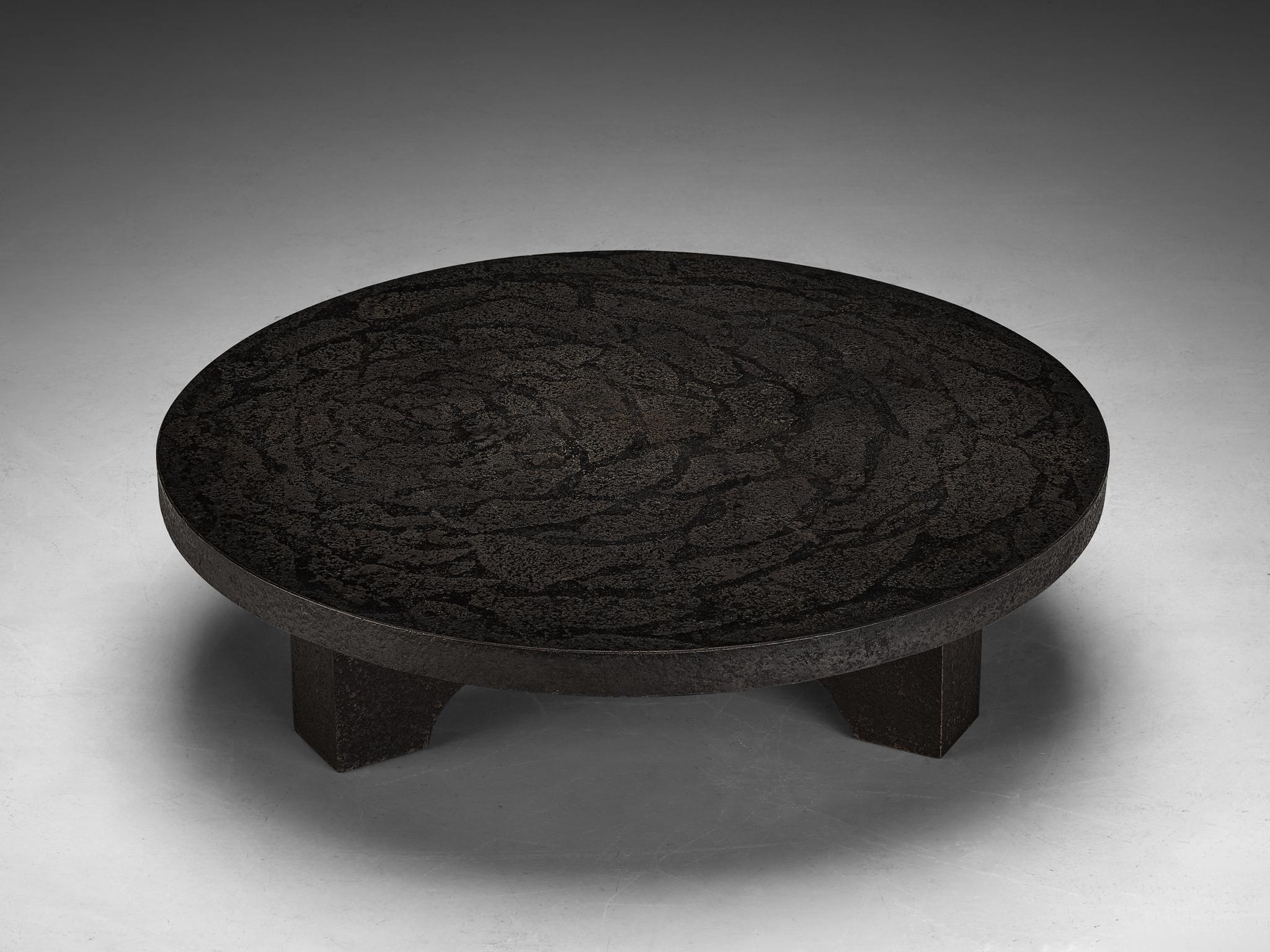 European Brutalist Coffee Table in Black Stone Look Resin 