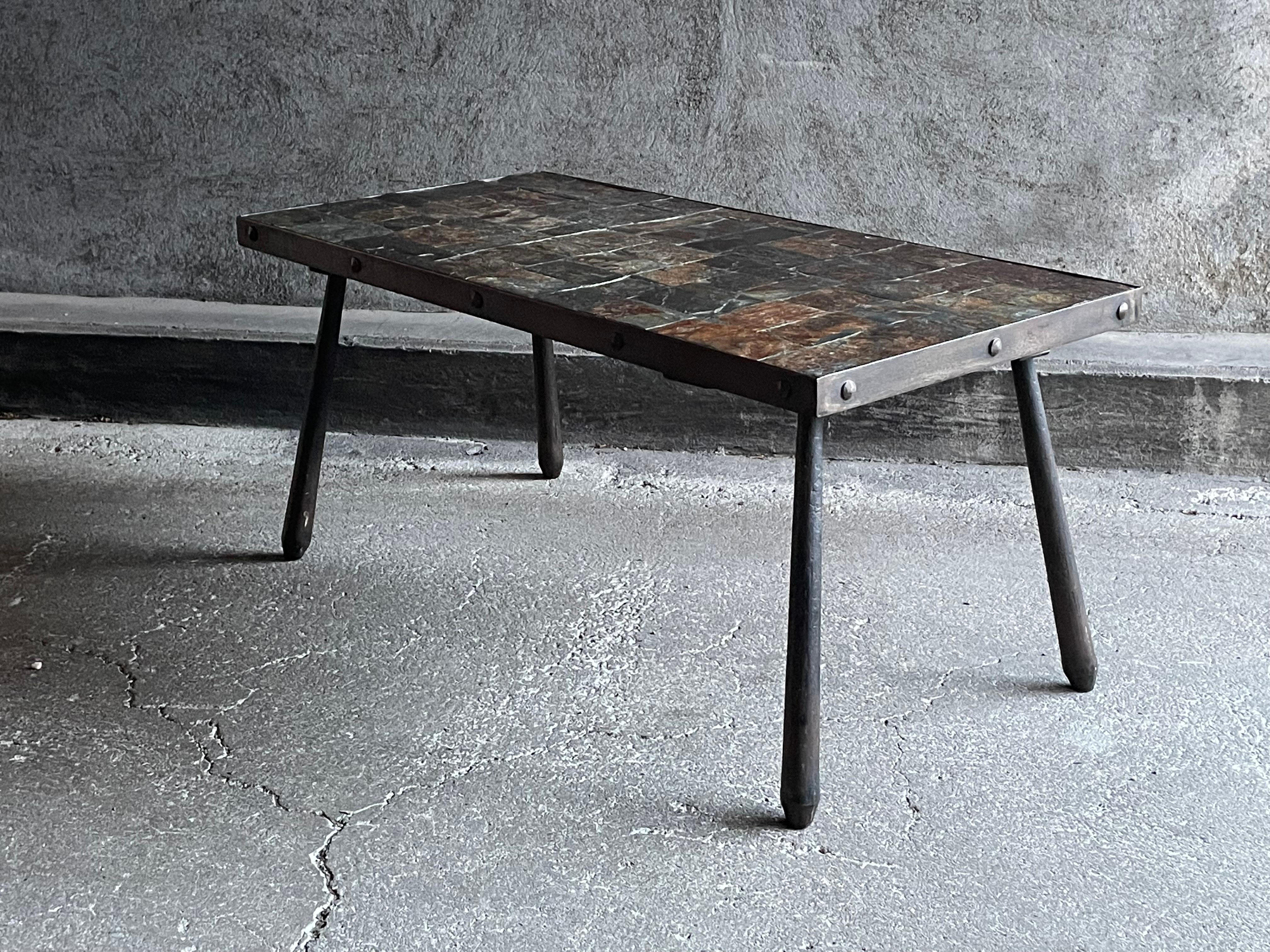 Brutalist coffee table in metal and lava stone, 1960s For Sale 4