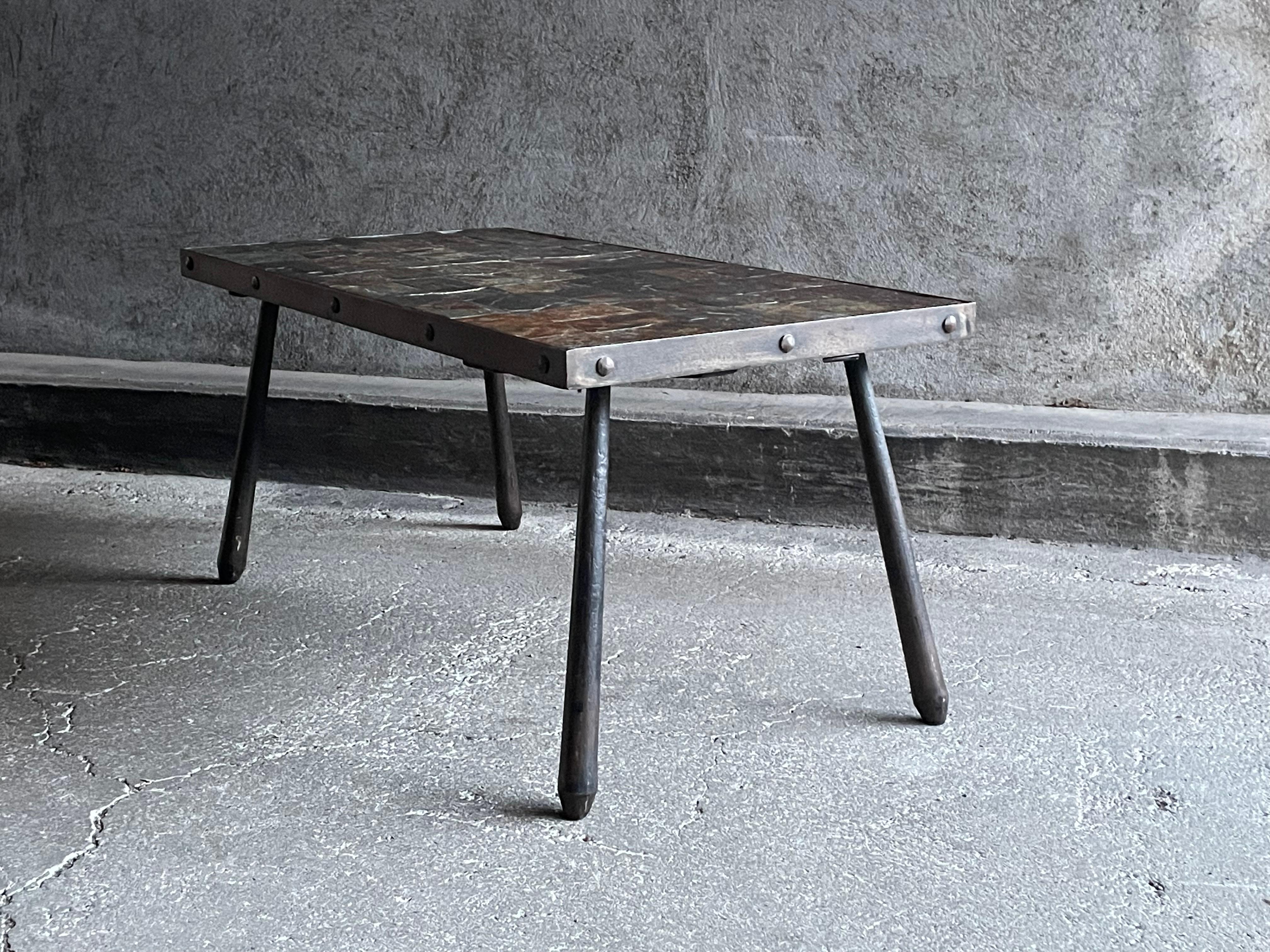 Brutalist coffee table in metal and lava stone, 1960s For Sale 5