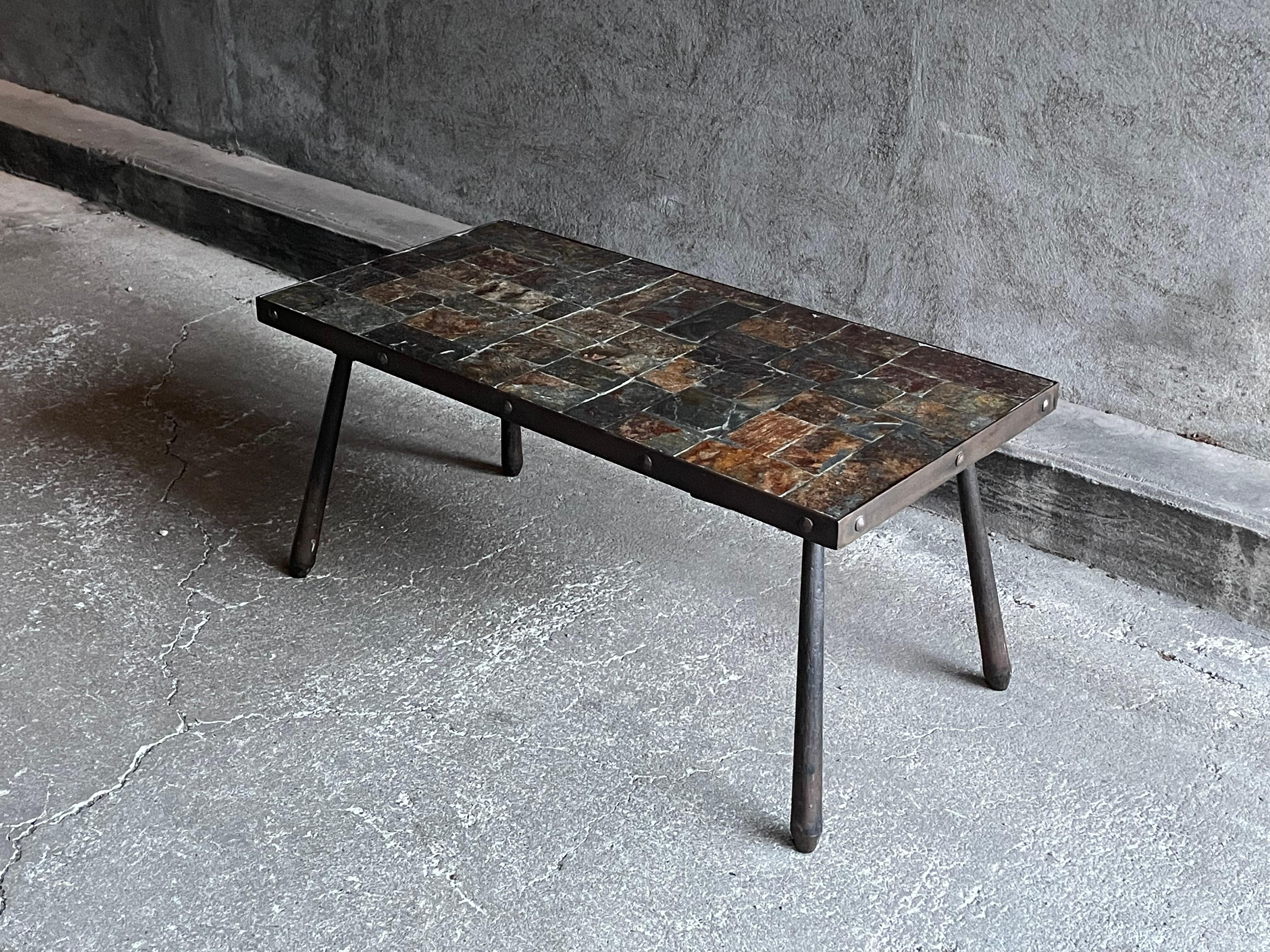 Brutalist coffee table in metal and lava stone, 1960s For Sale 6