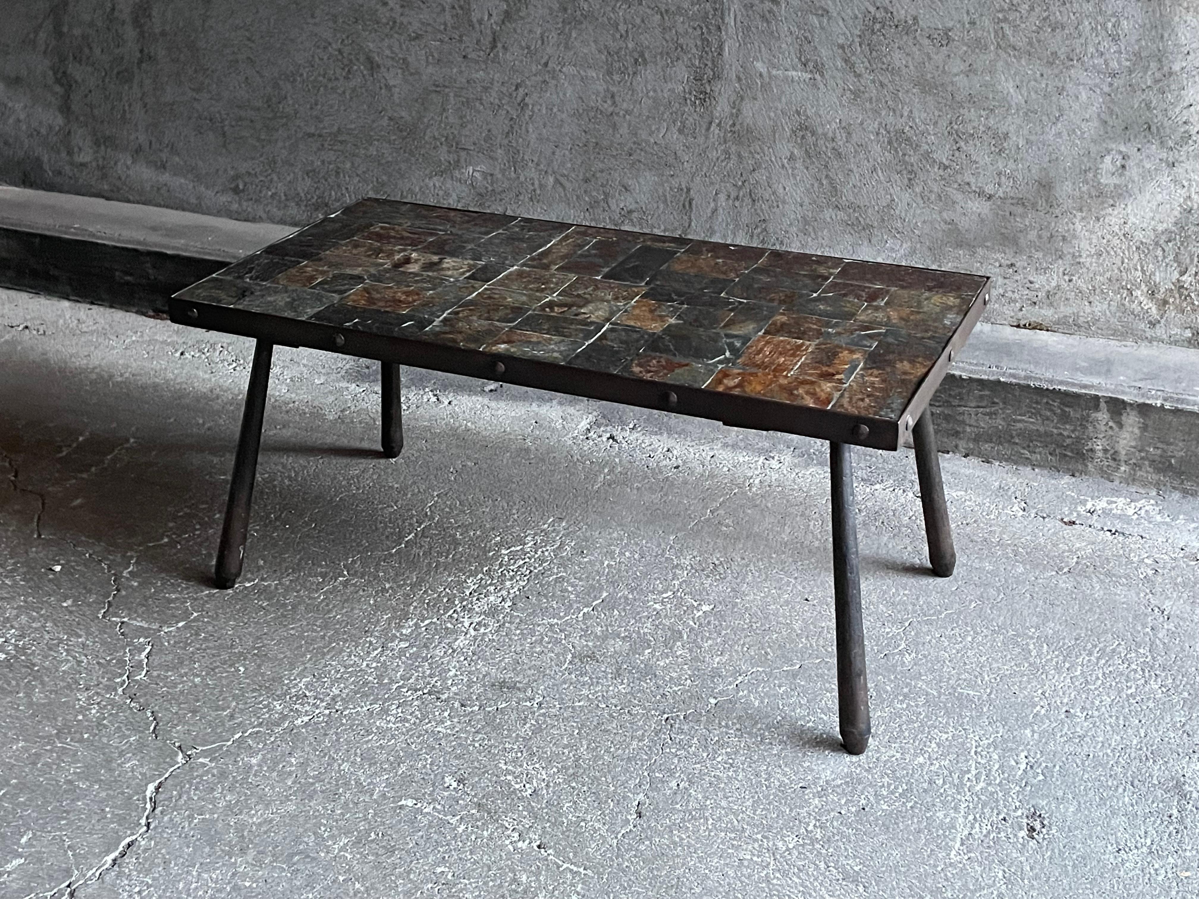 Brutalist coffee table in metal and lava stone, 1960s For Sale 8