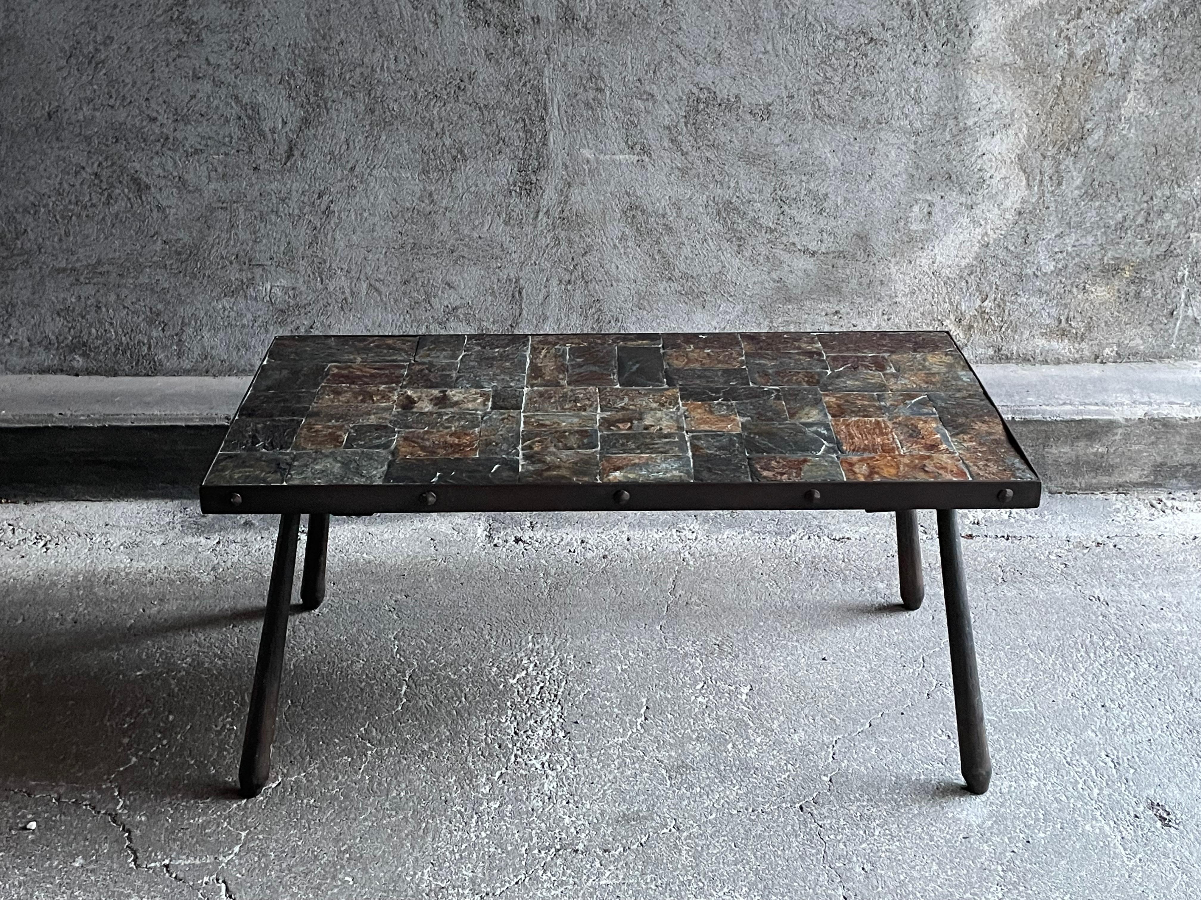 Brutalist coffee table in metal and lava stone, 1960s For Sale 9