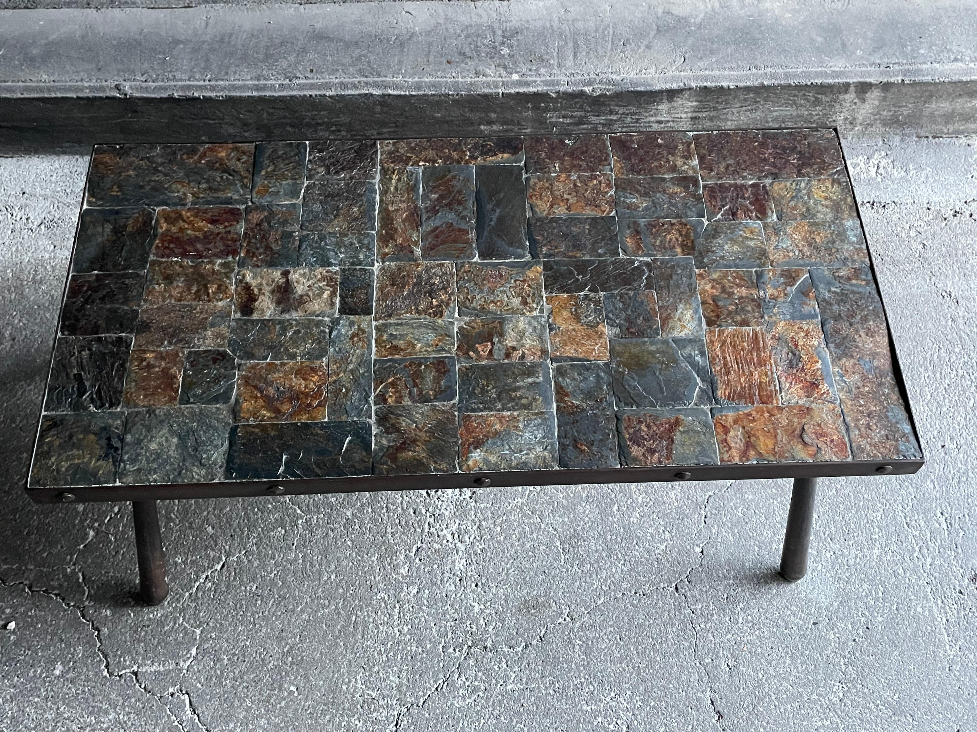 French Brutalist coffee table in metal and lava stone, 1960s For Sale