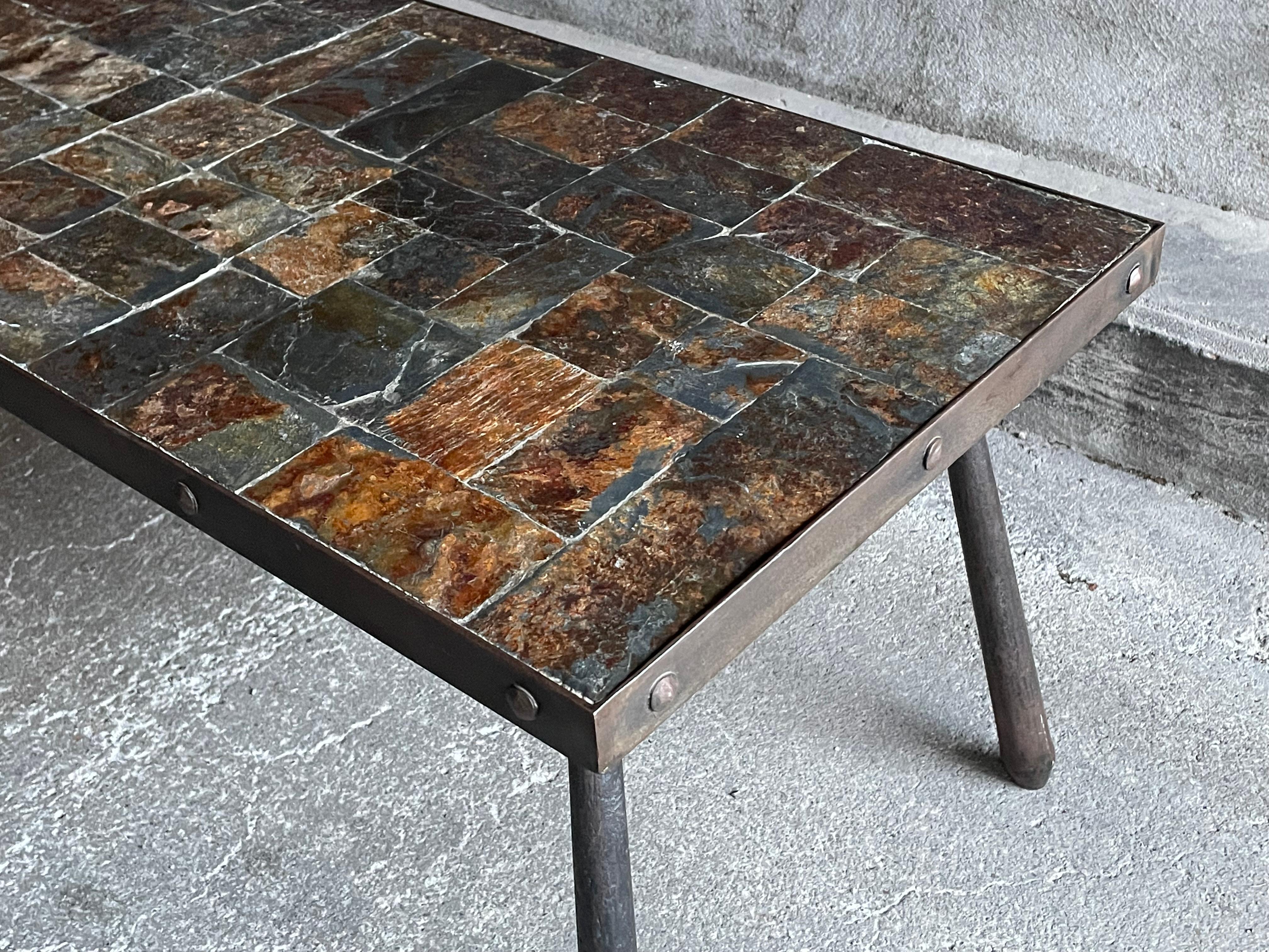 Iron Brutalist coffee table in metal and lava stone, 1960s For Sale