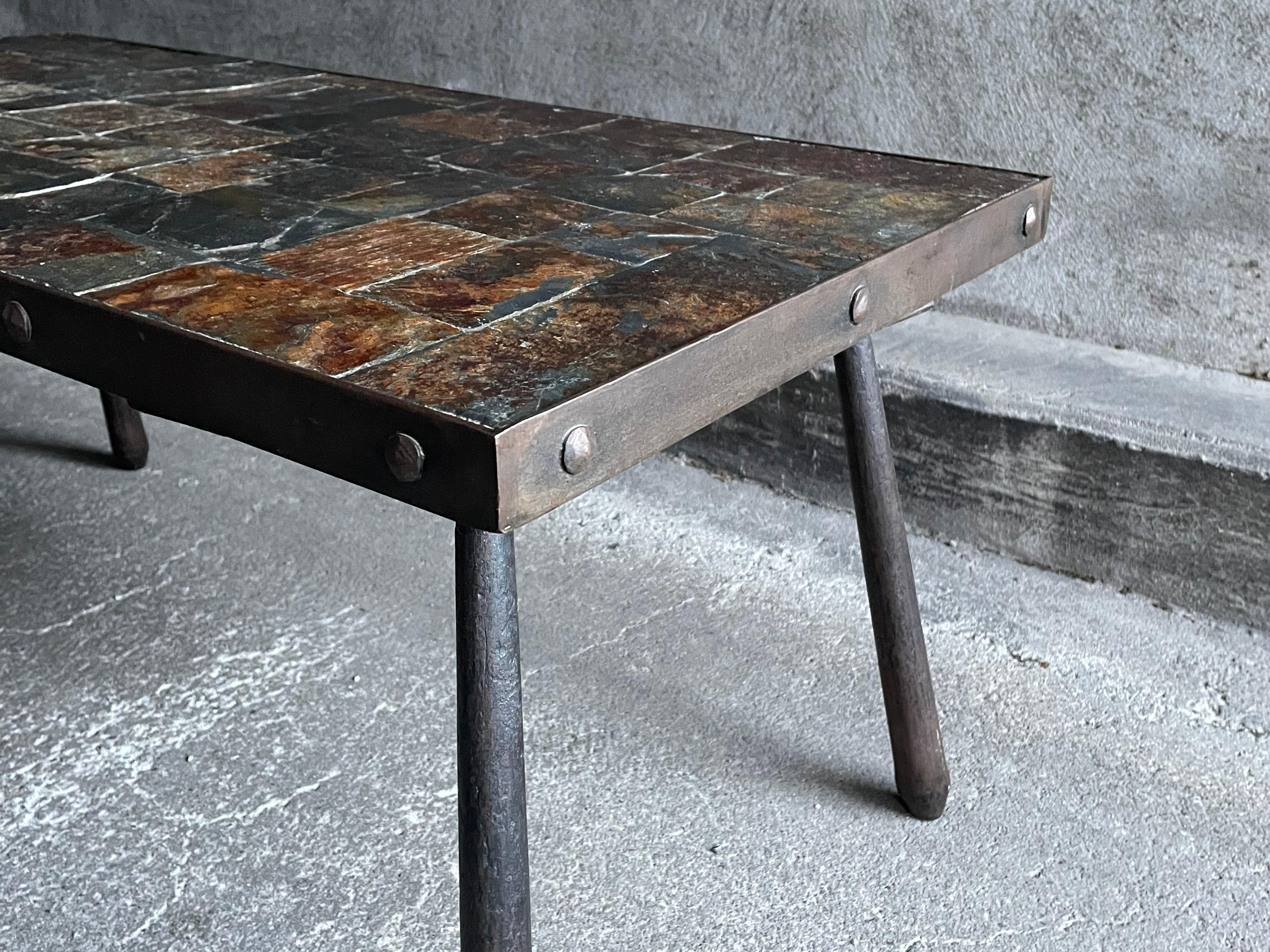 Brutalist coffee table in metal and lava stone, 1960s For Sale 1