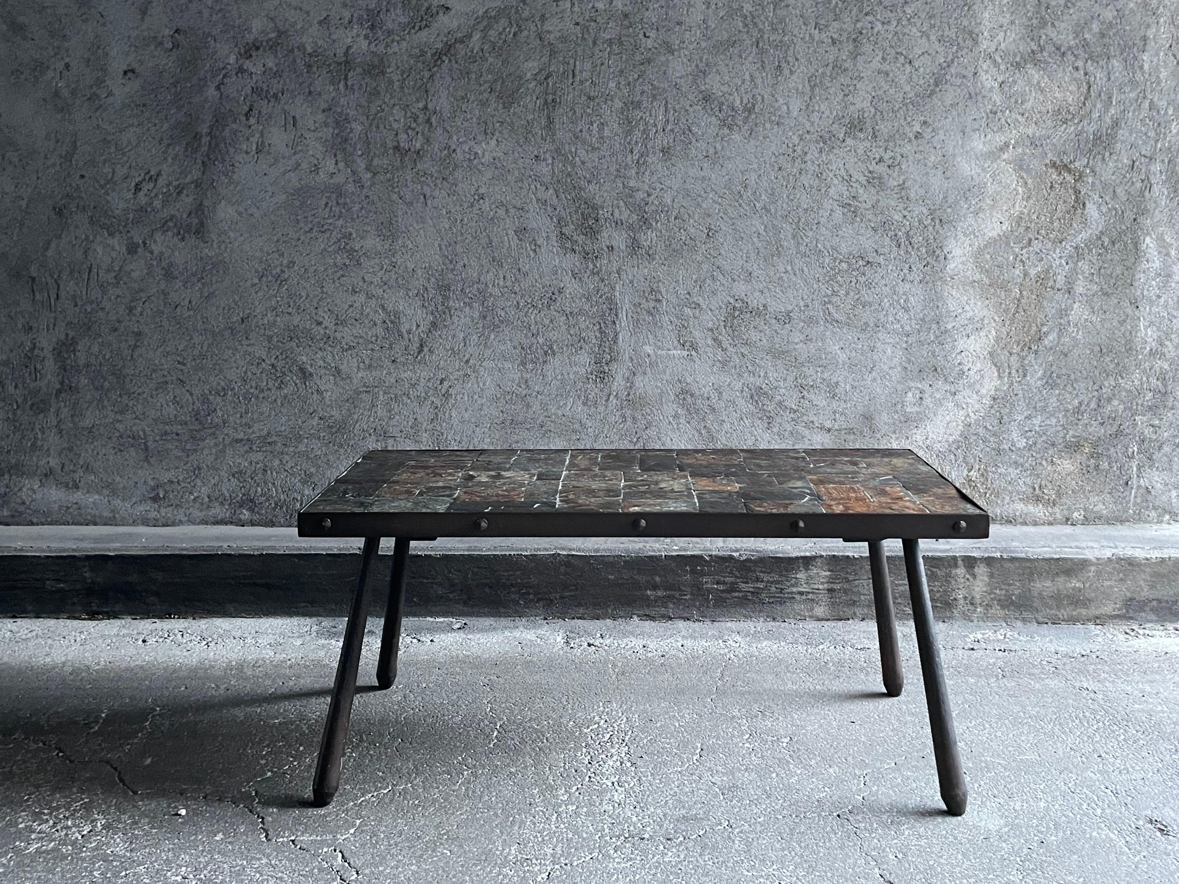 Brutalist coffee table in metal and lava stone, 1960s For Sale 2
