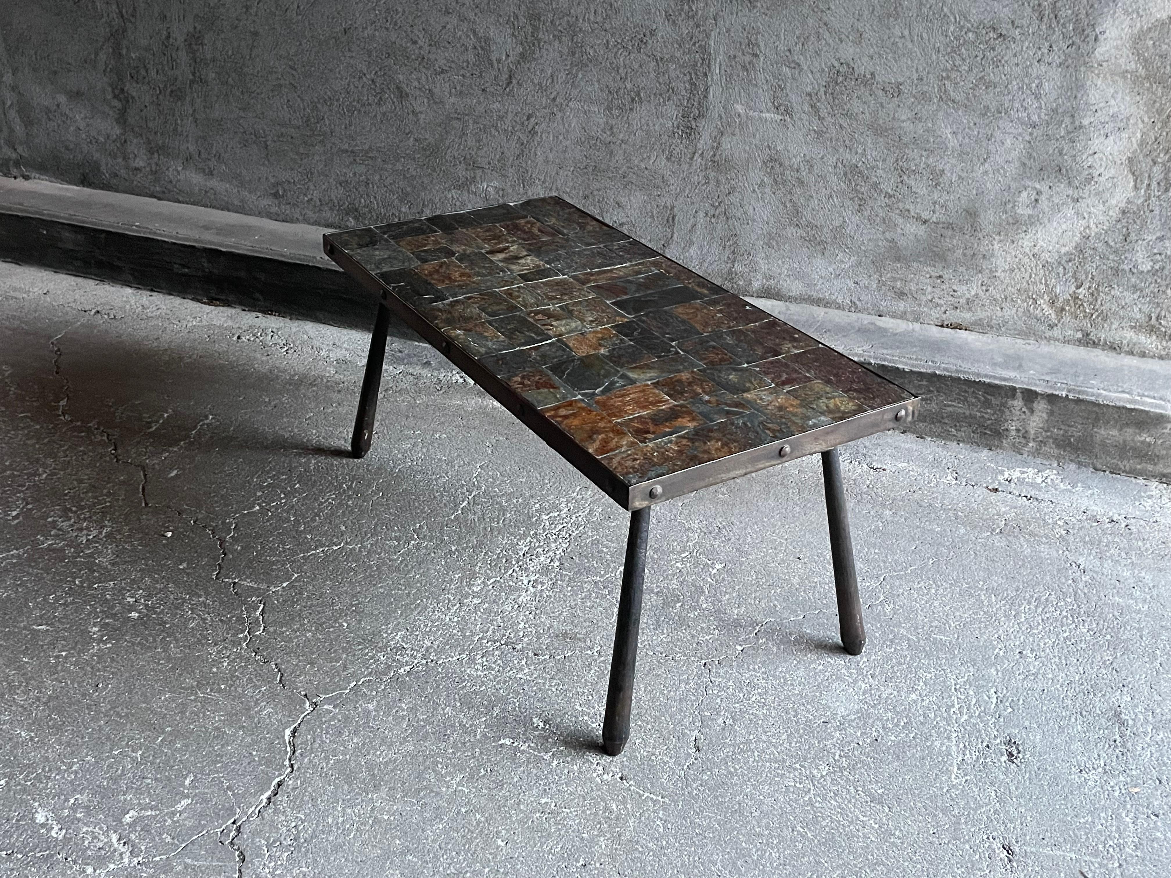 Brutalist coffee table in metal and lava stone, 1960s For Sale 3