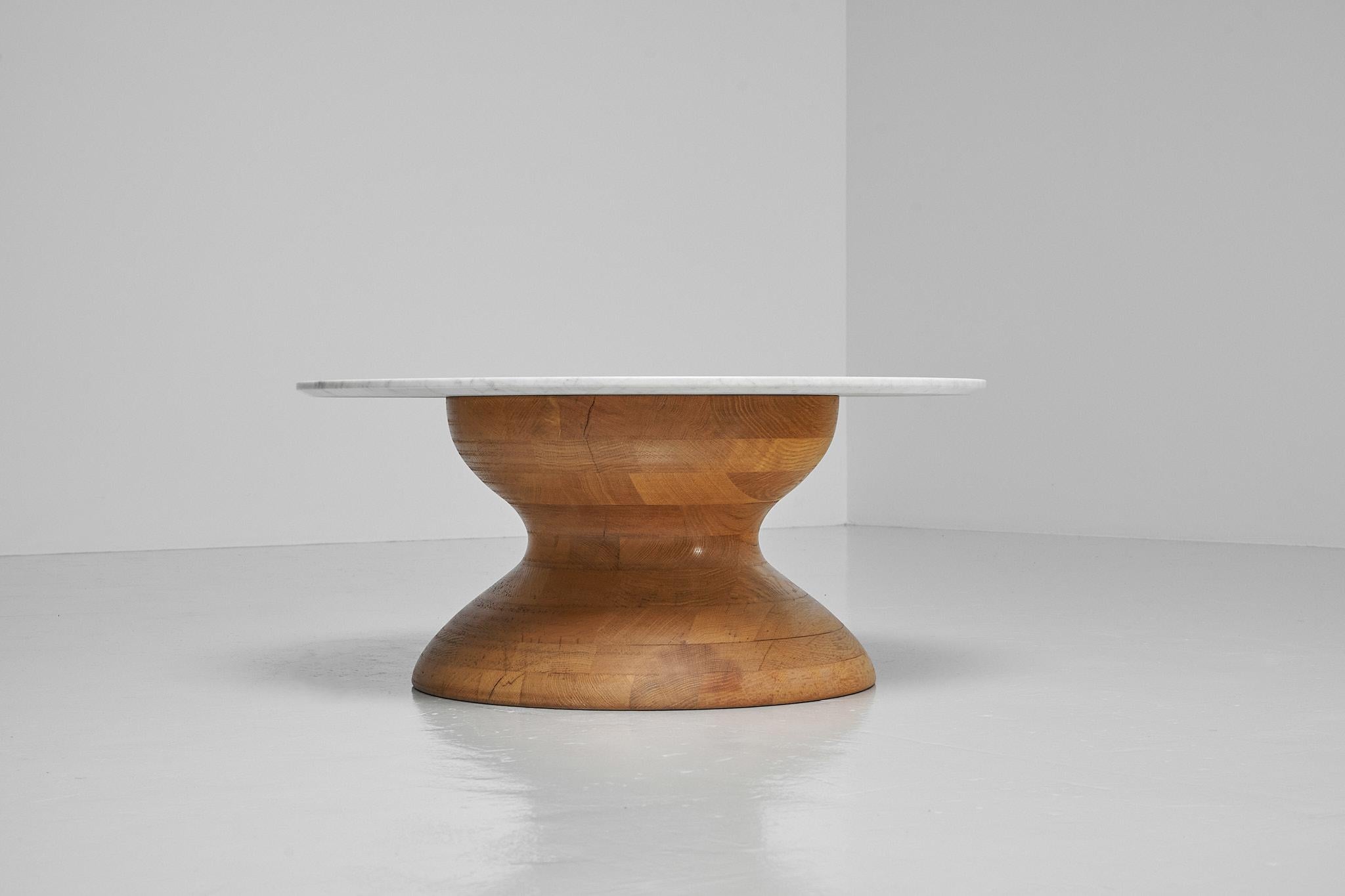 Mid-20th Century Brutalist coffee table in oak and marble France 1960 For Sale