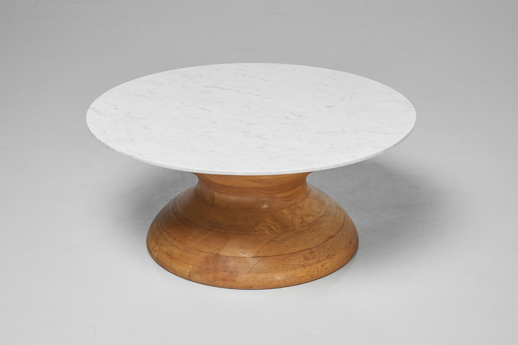 Brutalist coffee table in oak and marble France 1960 For Sale 1