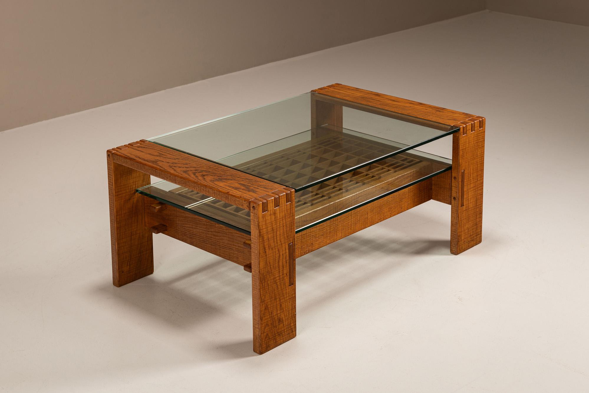 Italian Brutalist Coffee Table in Slavonian Oak by Giuseppe Rivadossi, Italy 1970s For Sale