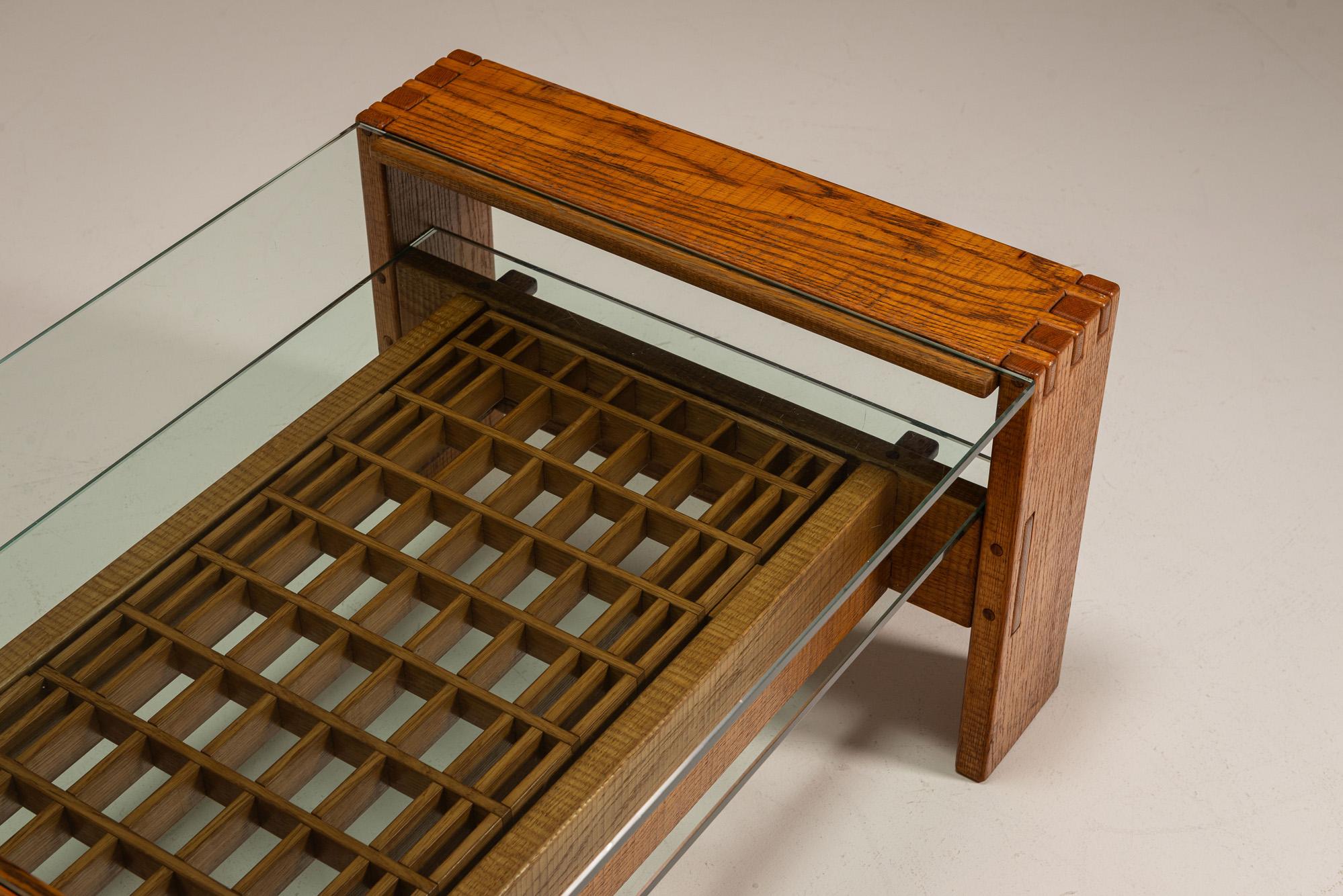 Glass Brutalist Coffee Table in Slavonian Oak by Giuseppe Rivadossi, Italy 1970s For Sale