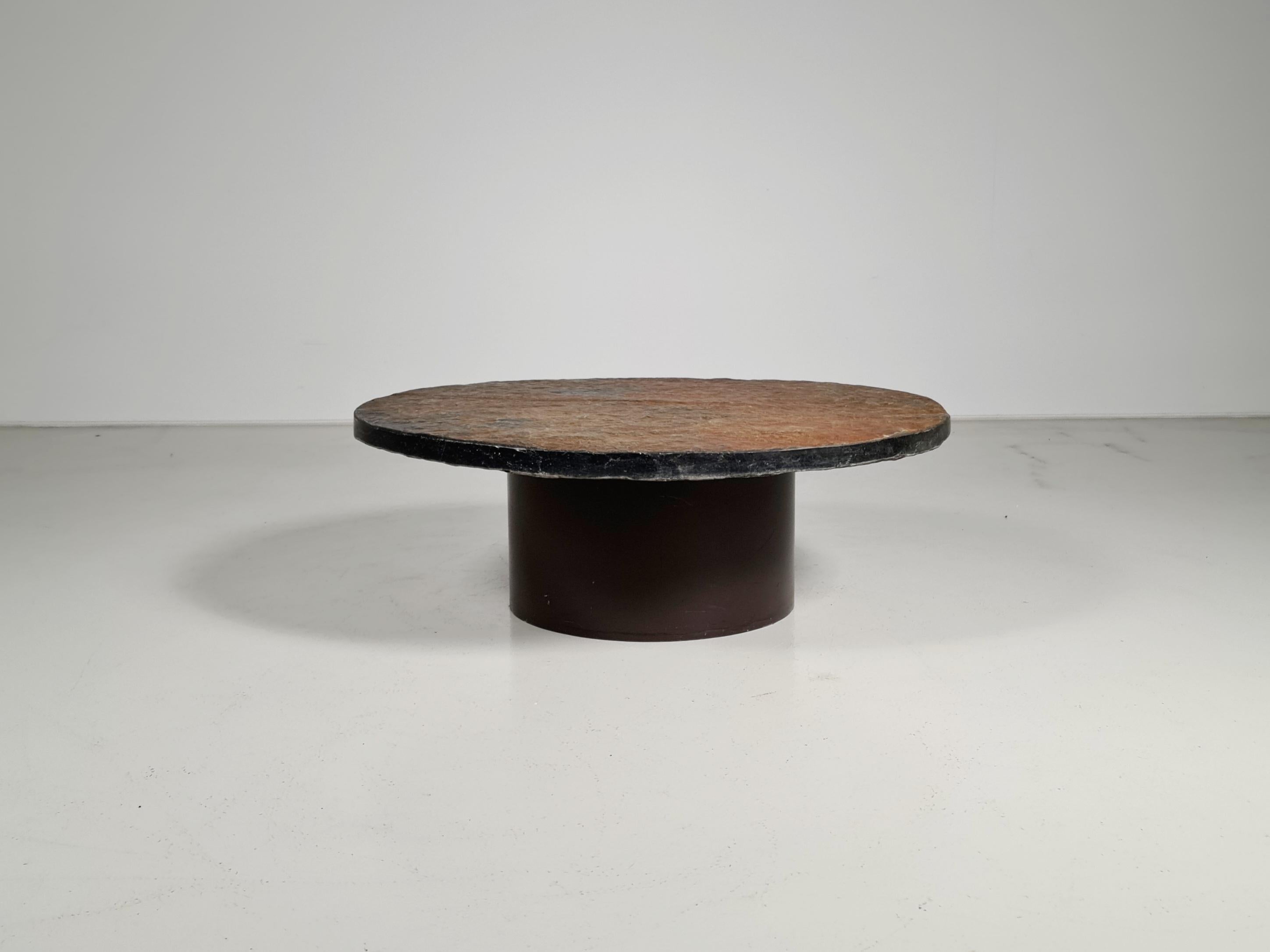 Mid-Century Modern Brutalist Coffee Table with a Brown/Rusty Slate Top, Netherlands, 1970s