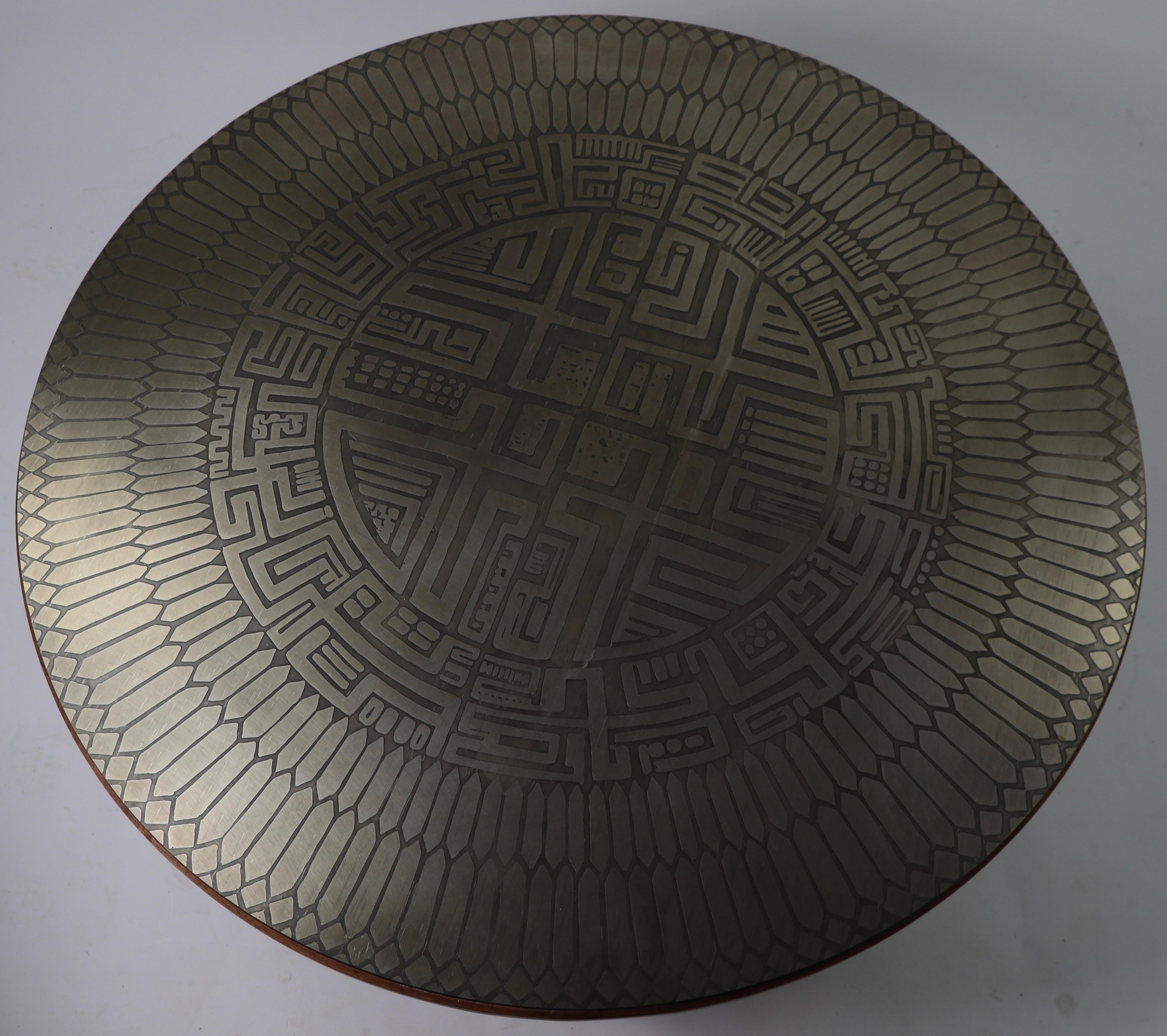 Brutalist Coffee Table with Aztec Style Metalwork Top Signed G. Urso Italy 2