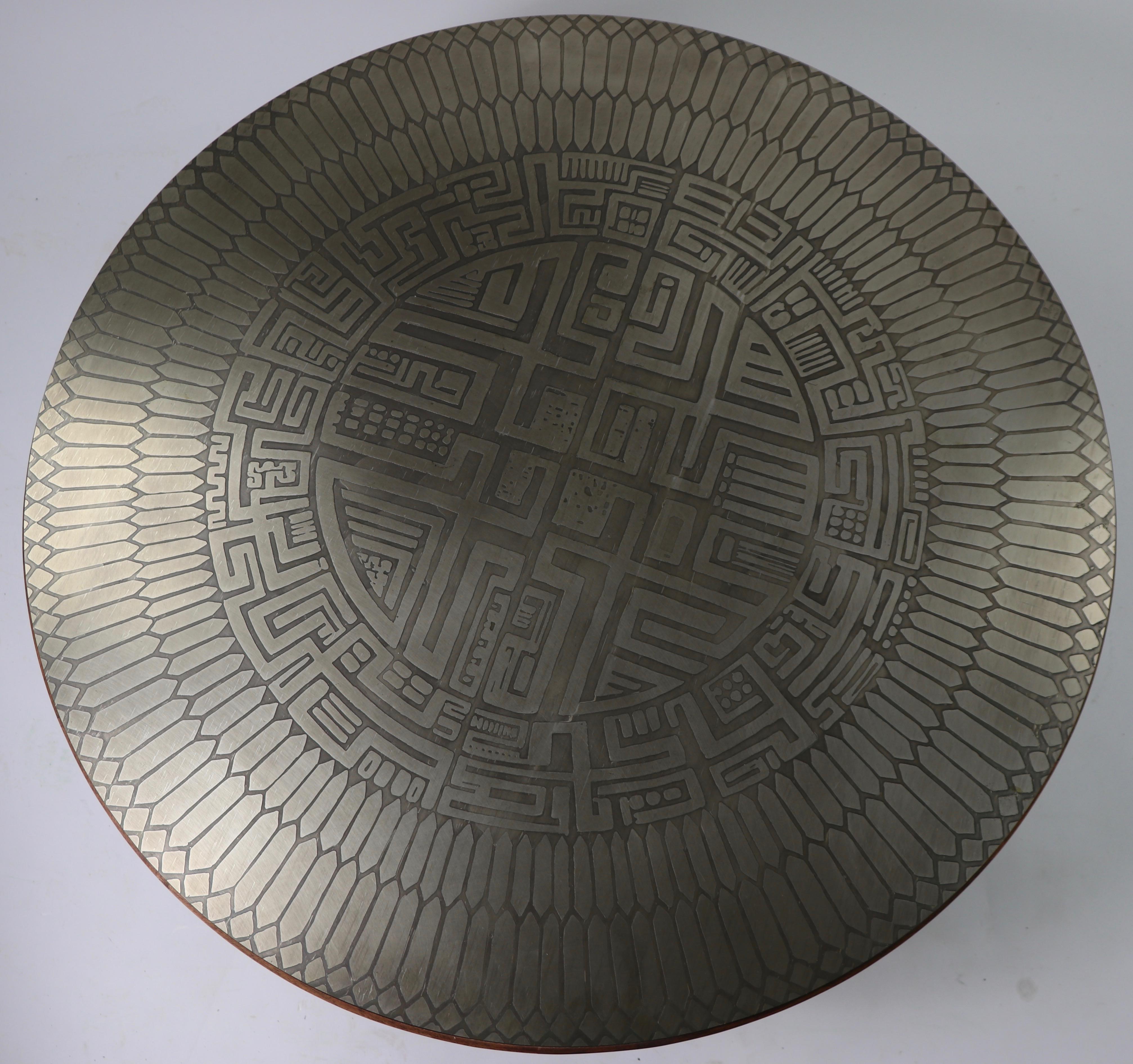 Brutalist Coffee Table with Aztec Style Metalwork Top Signed G. Urso Italy 3