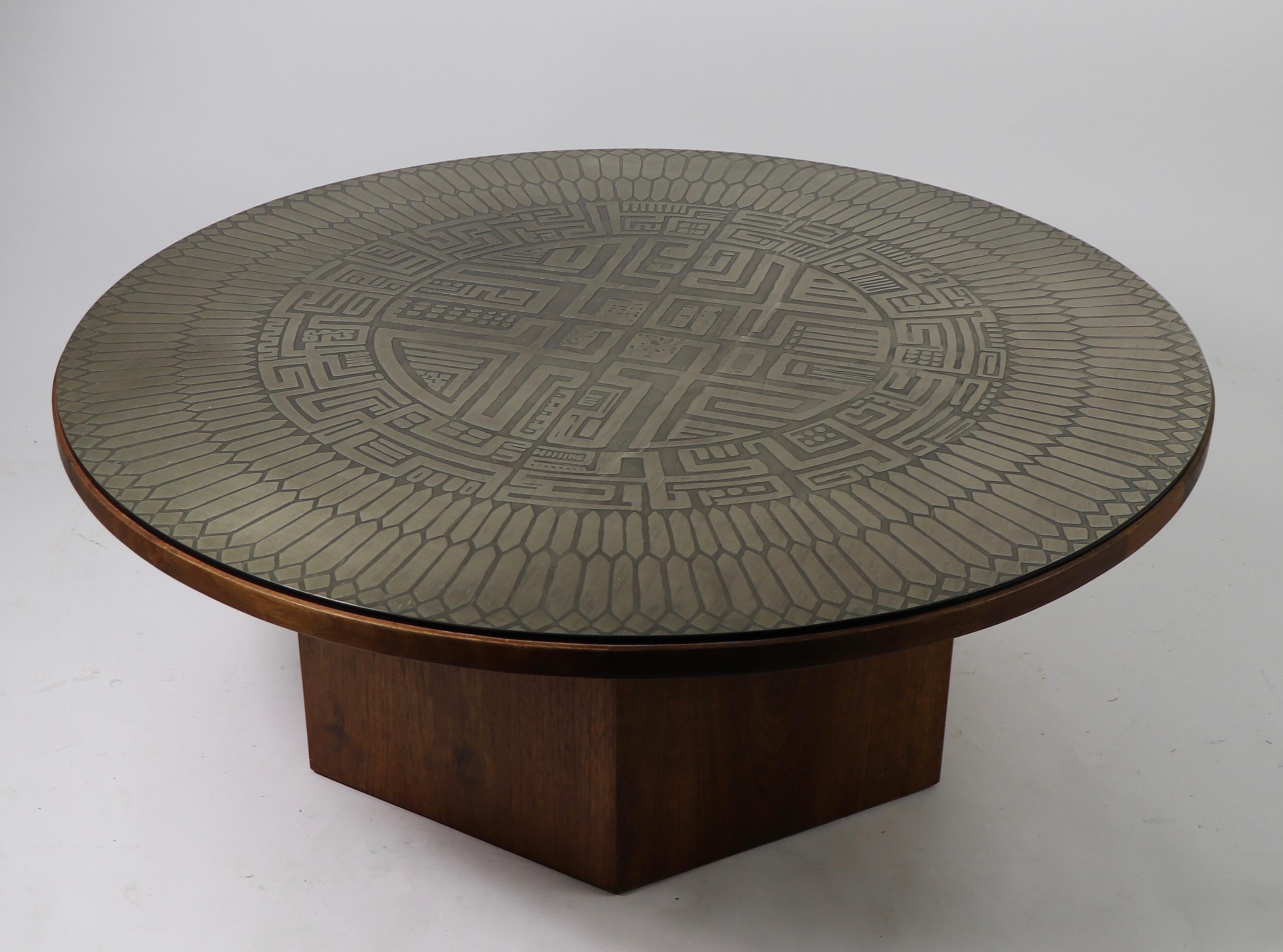 Brutalist Coffee Table with Aztec Style Metalwork Top Signed G. Urso Italy 4