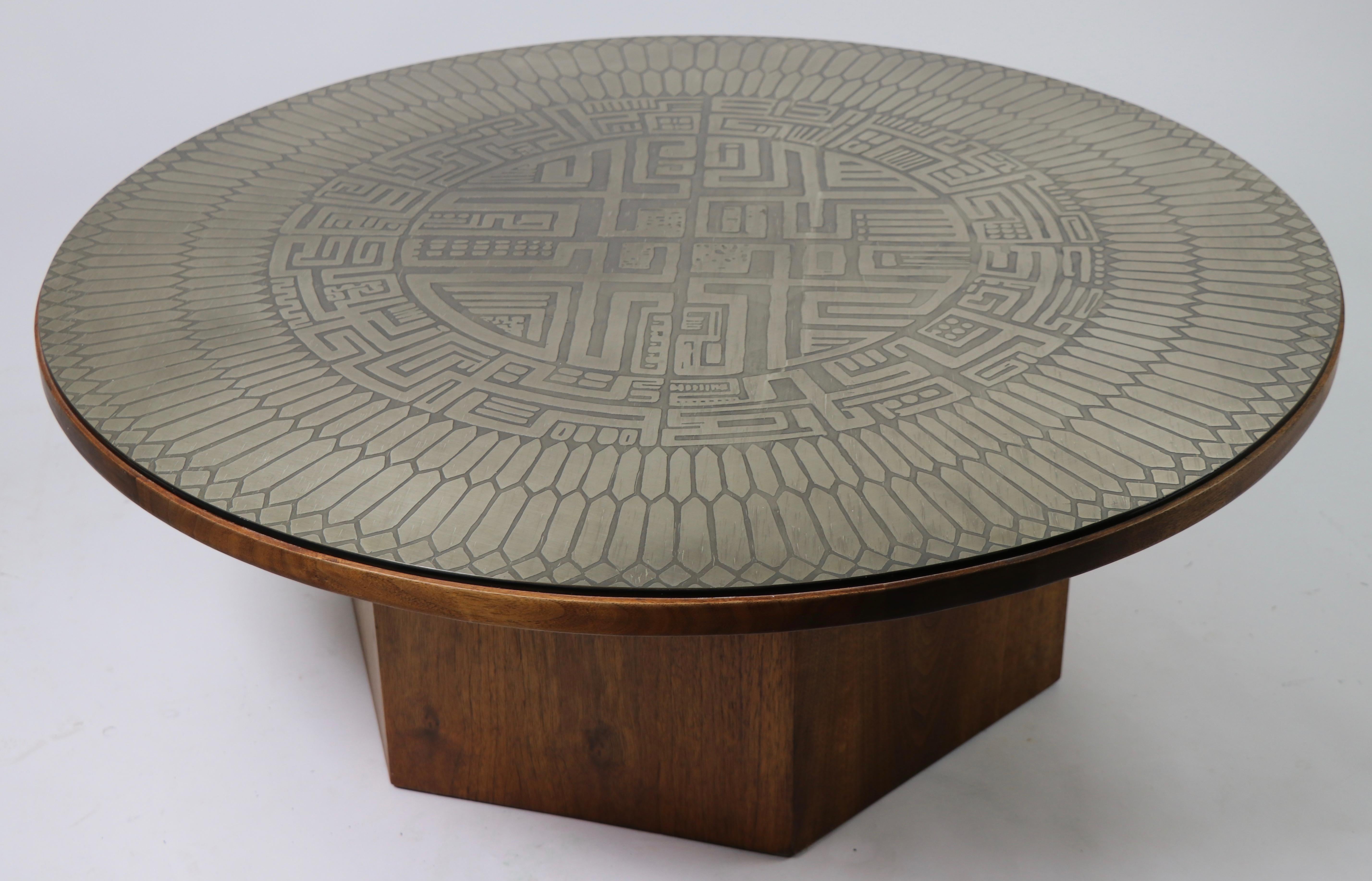 Brutalist Coffee Table with Aztec Style Metalwork Top Signed G. Urso Italy 5