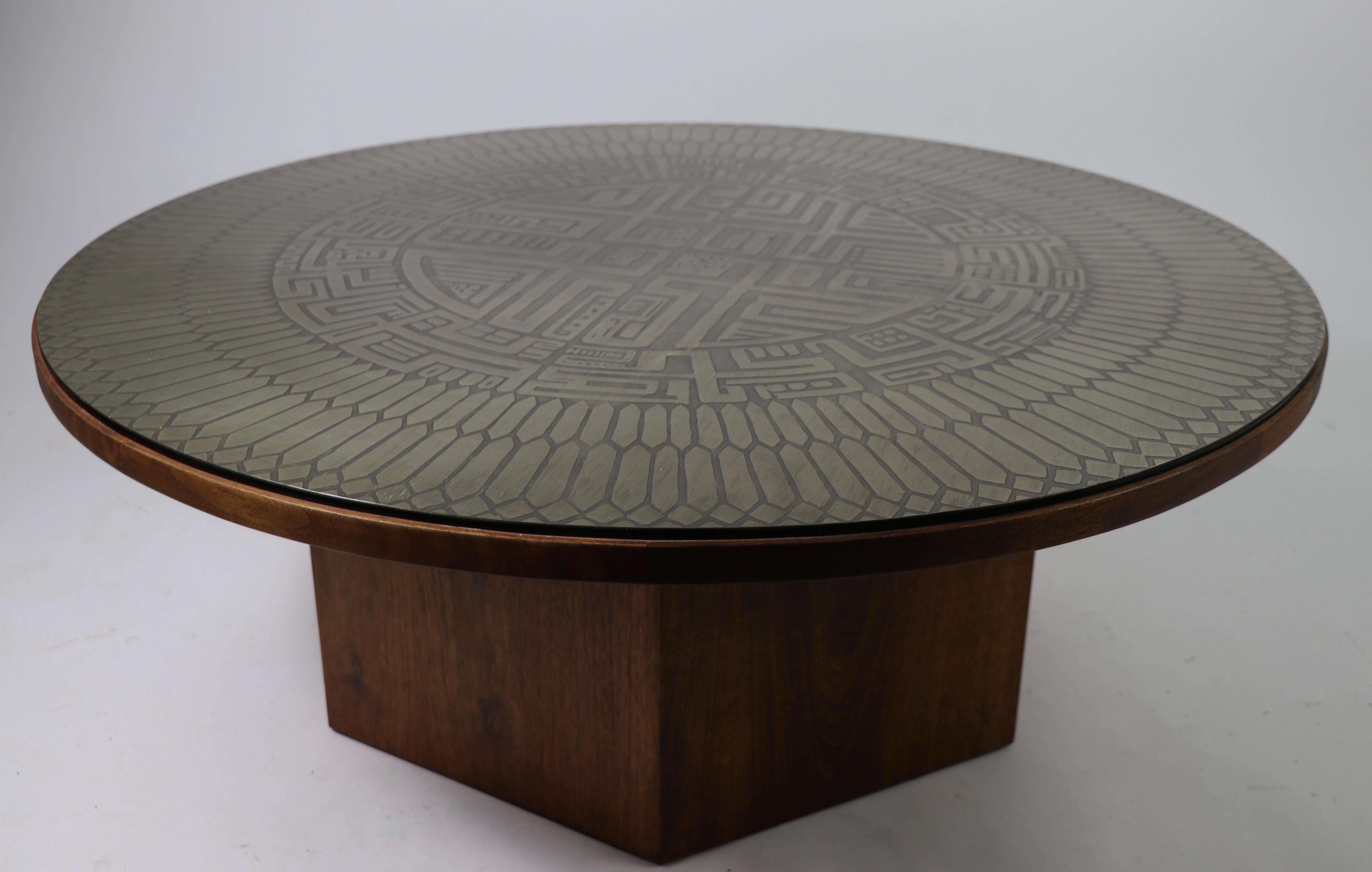 Italian Brutalist Coffee Table with Aztec Style Metalwork Top Signed G. Urso Italy