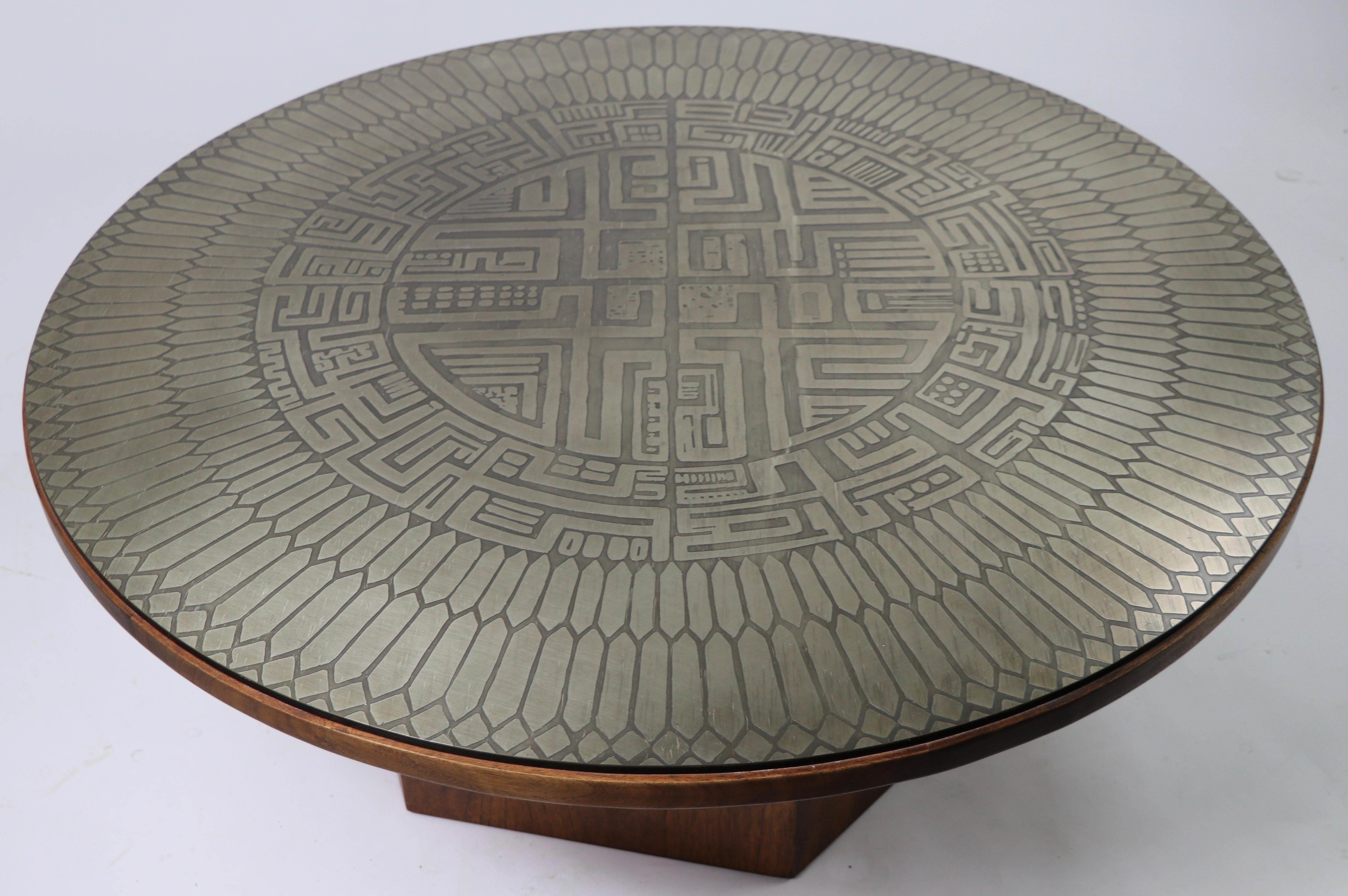 Brutalist Coffee Table with Aztec Style Metalwork Top Signed G. Urso Italy In Good Condition In New York, NY