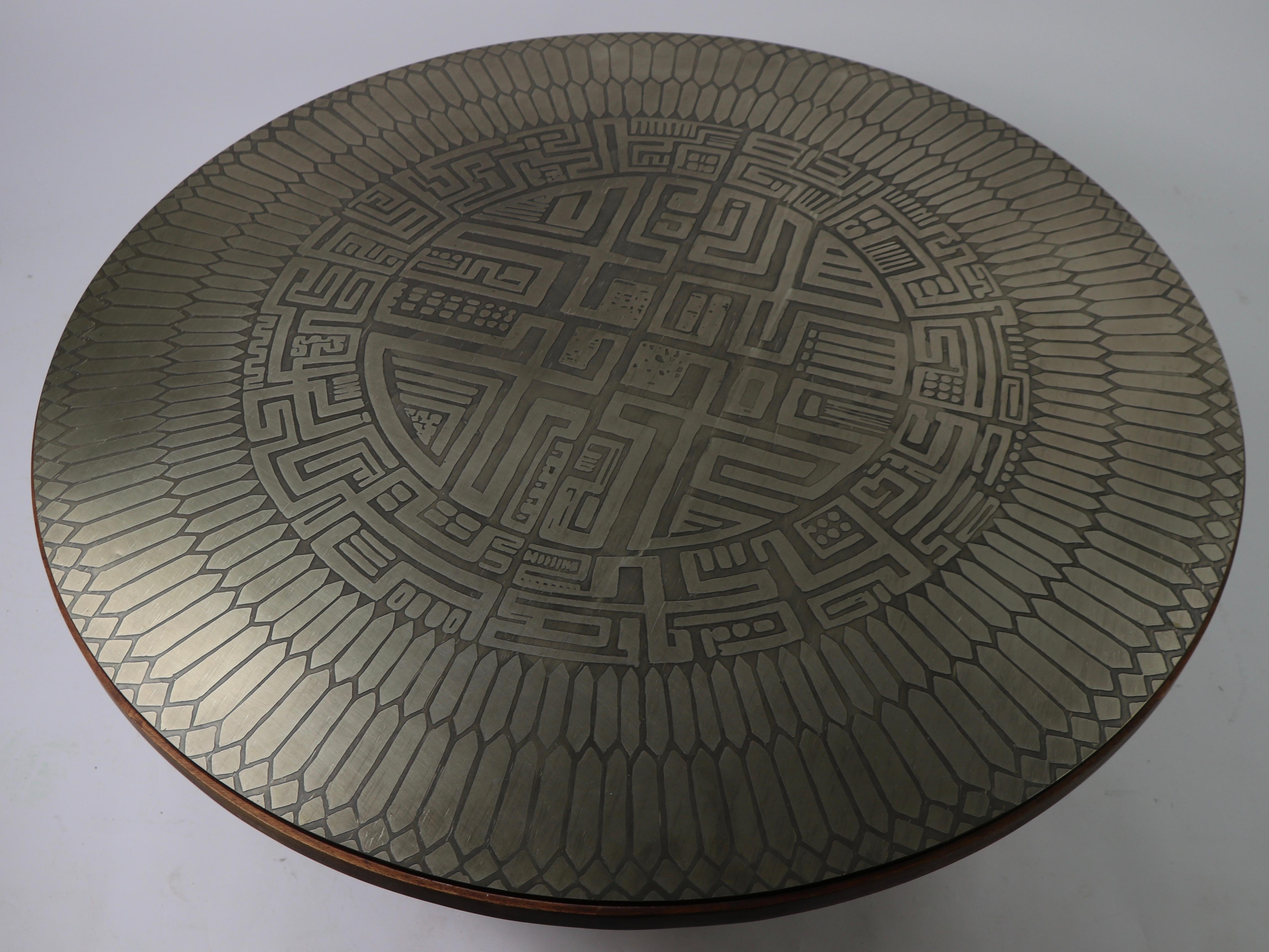 Brutalist Coffee Table with Aztec Style Metalwork Top Signed G. Urso Italy 1