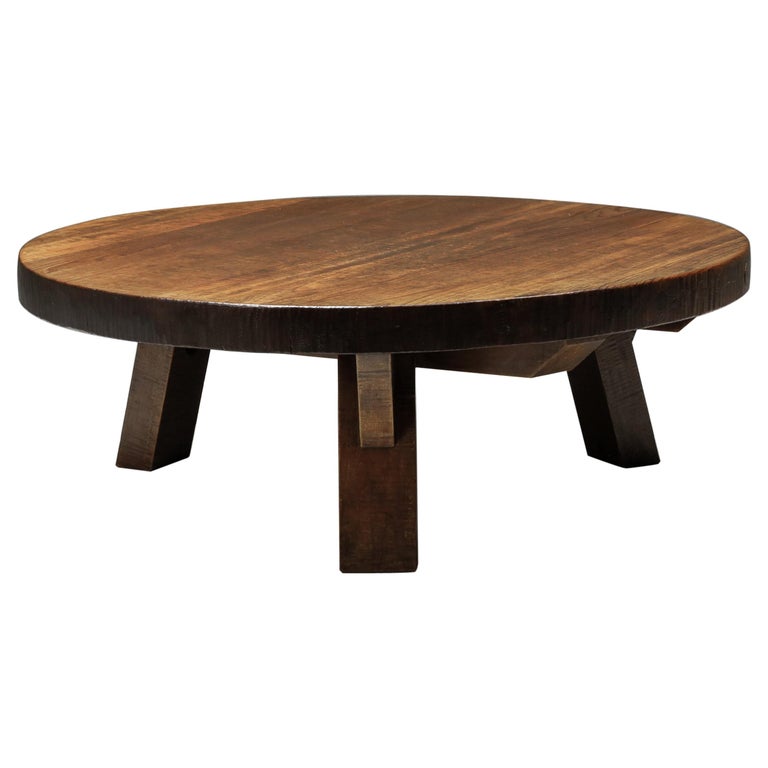 Brutalist Coffee Table With Charismatic, Low Round Accent Coffee Table Gold Patina