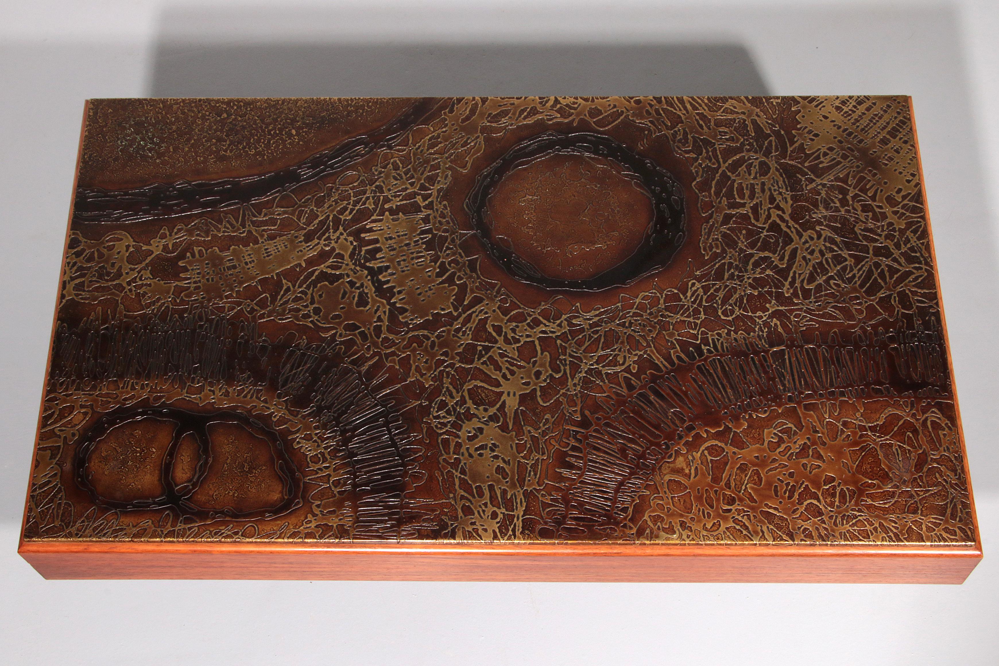 Brutalist Coffee Table with Copper Top and Wooden Base 1970 For Sale 9