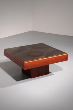 Brutalist Coffee Table with Copper Top and Wooden Base 1970