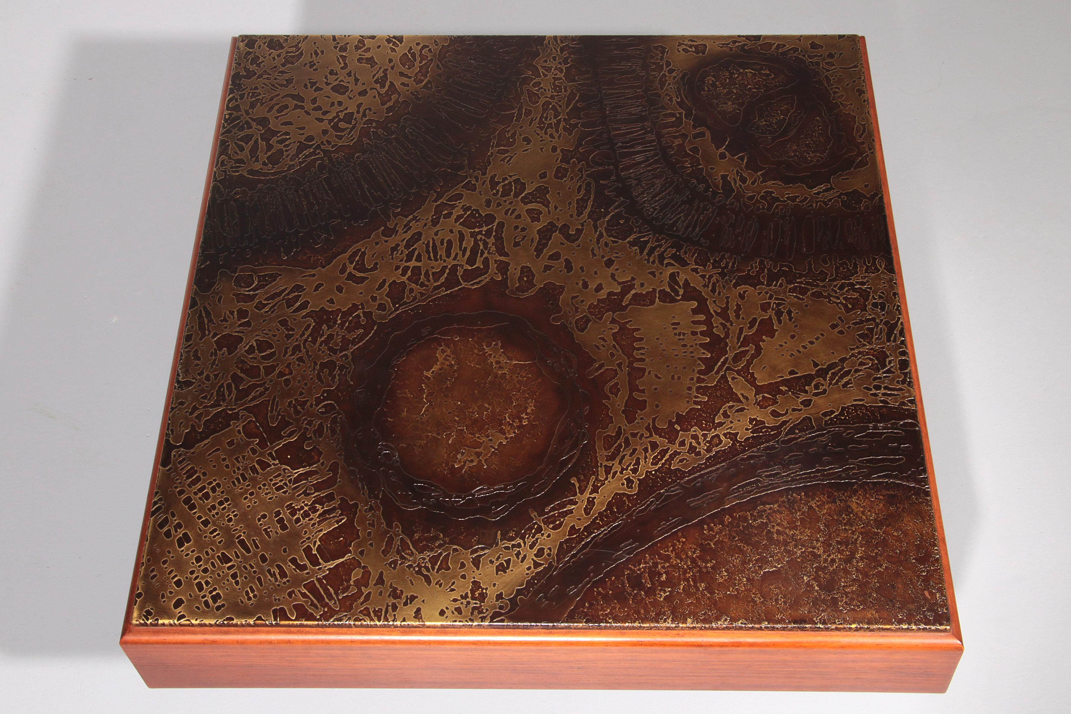 Belgian Brutalist Coffee Table with Copper Top and Wooden Base 1970 For Sale