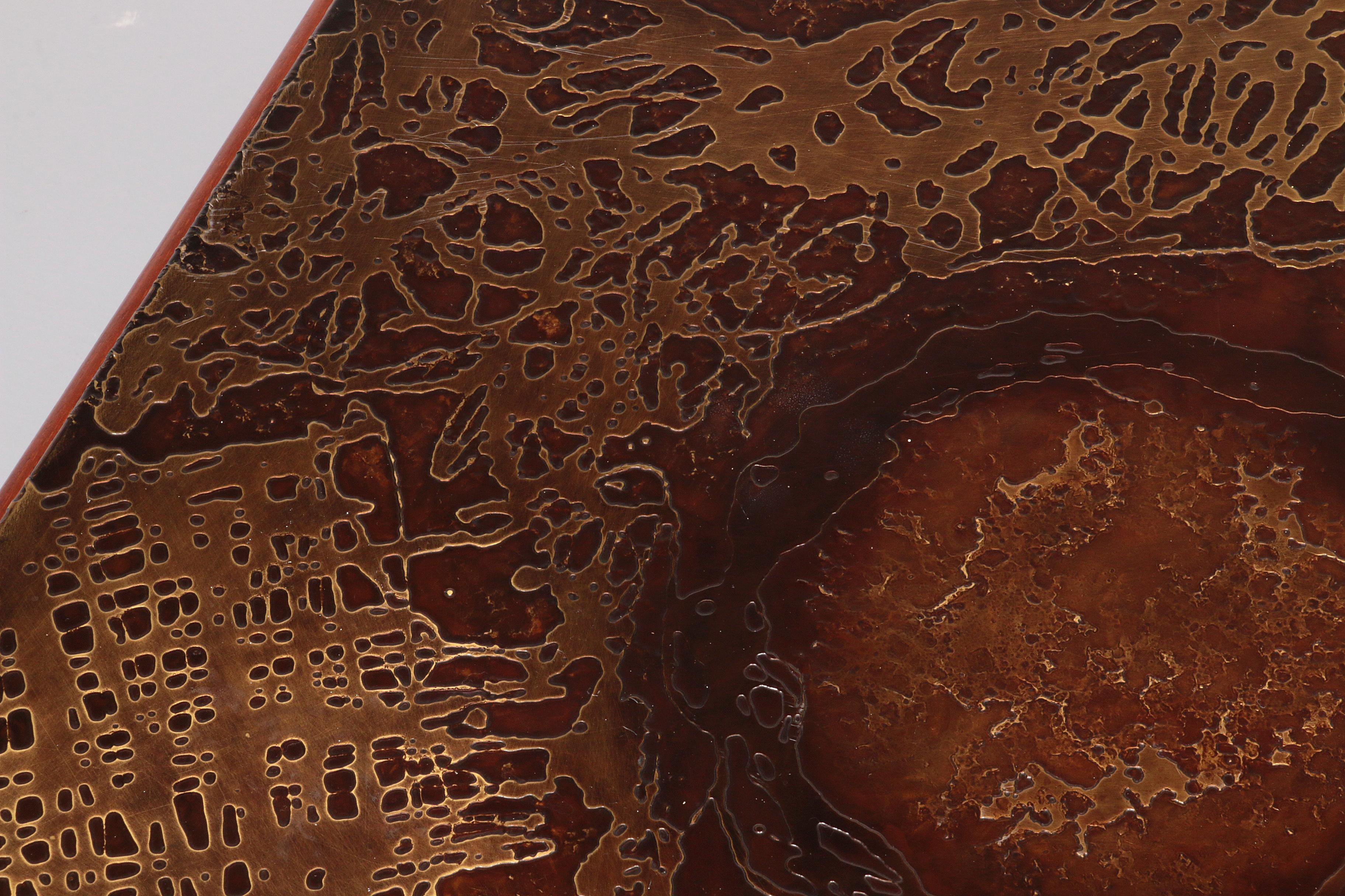 Late 20th Century Brutalist Coffee Table with Copper Top and Wooden Base 1970 For Sale
