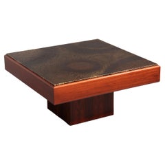 Brutalist Coffee Table with Copper Top and Wooden Base 1970