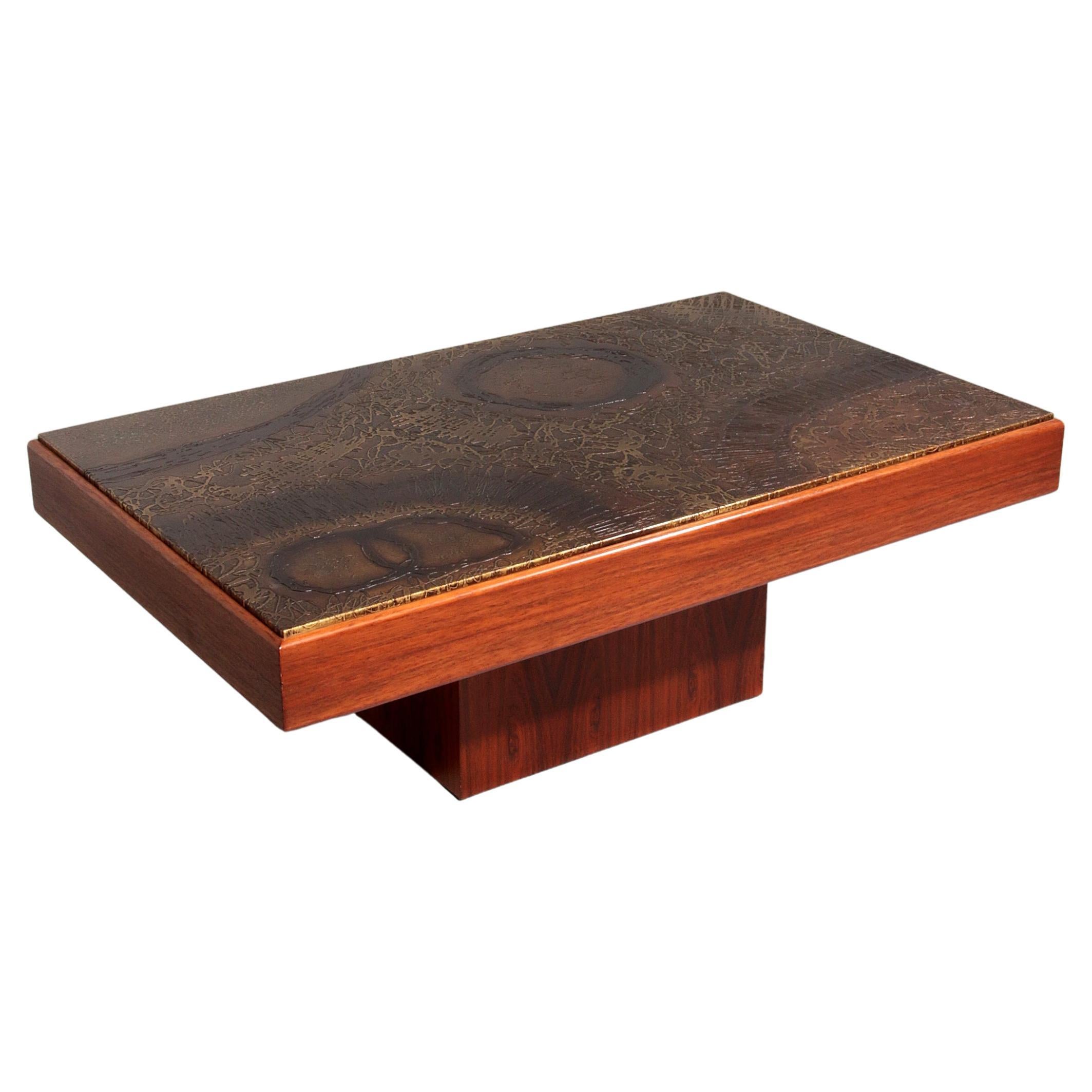Brutalist Coffee Table with Copper Top and Wooden Base 1970 For Sale