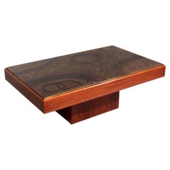 Brutalist Coffee Table with Copper Top and Wooden Base 1970