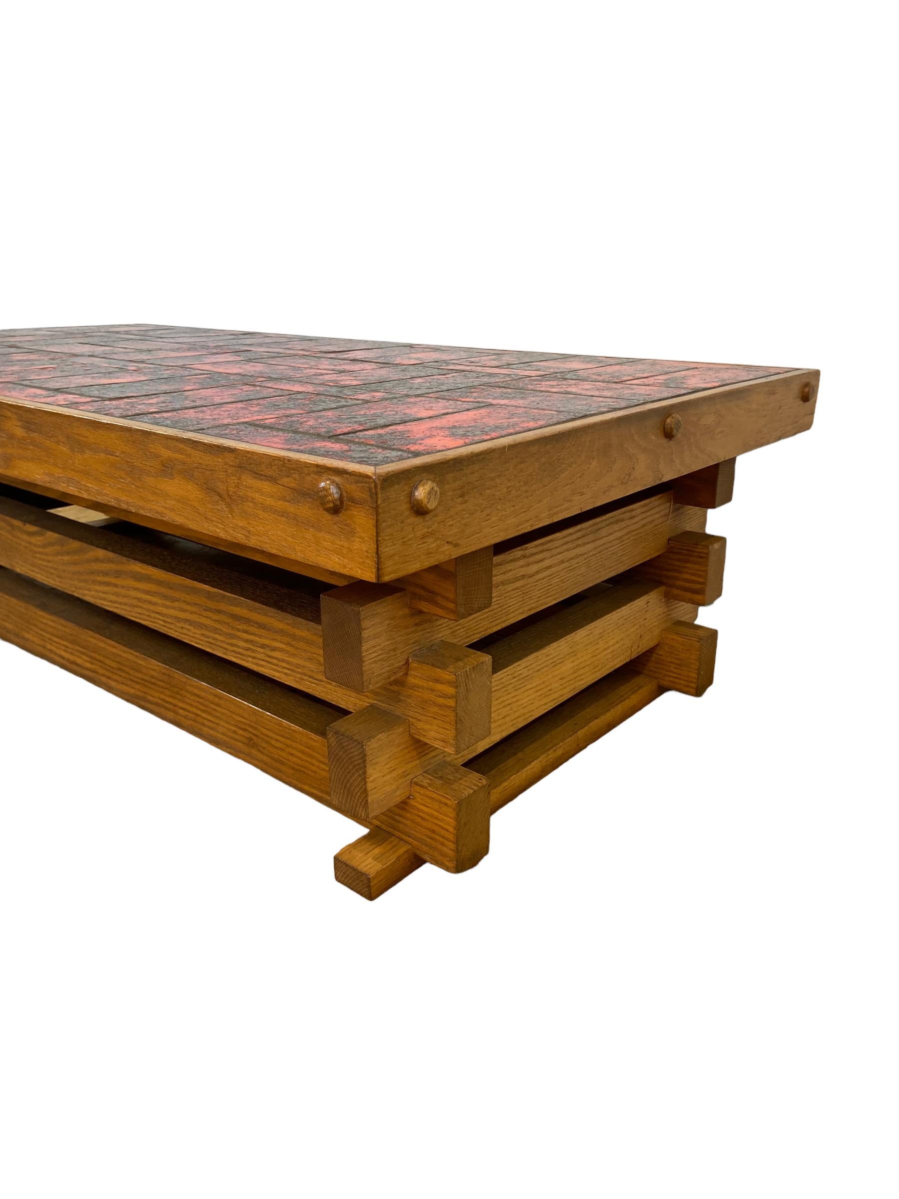 Brutalist Coffee Table with Red Glazed Tiles For Sale 4