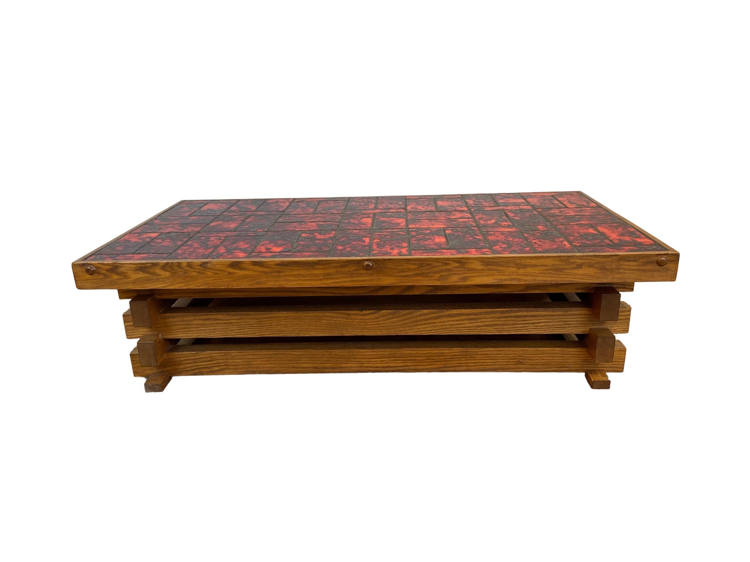 Brutalist Coffee Table with Red Glazed Tiles For Sale 5