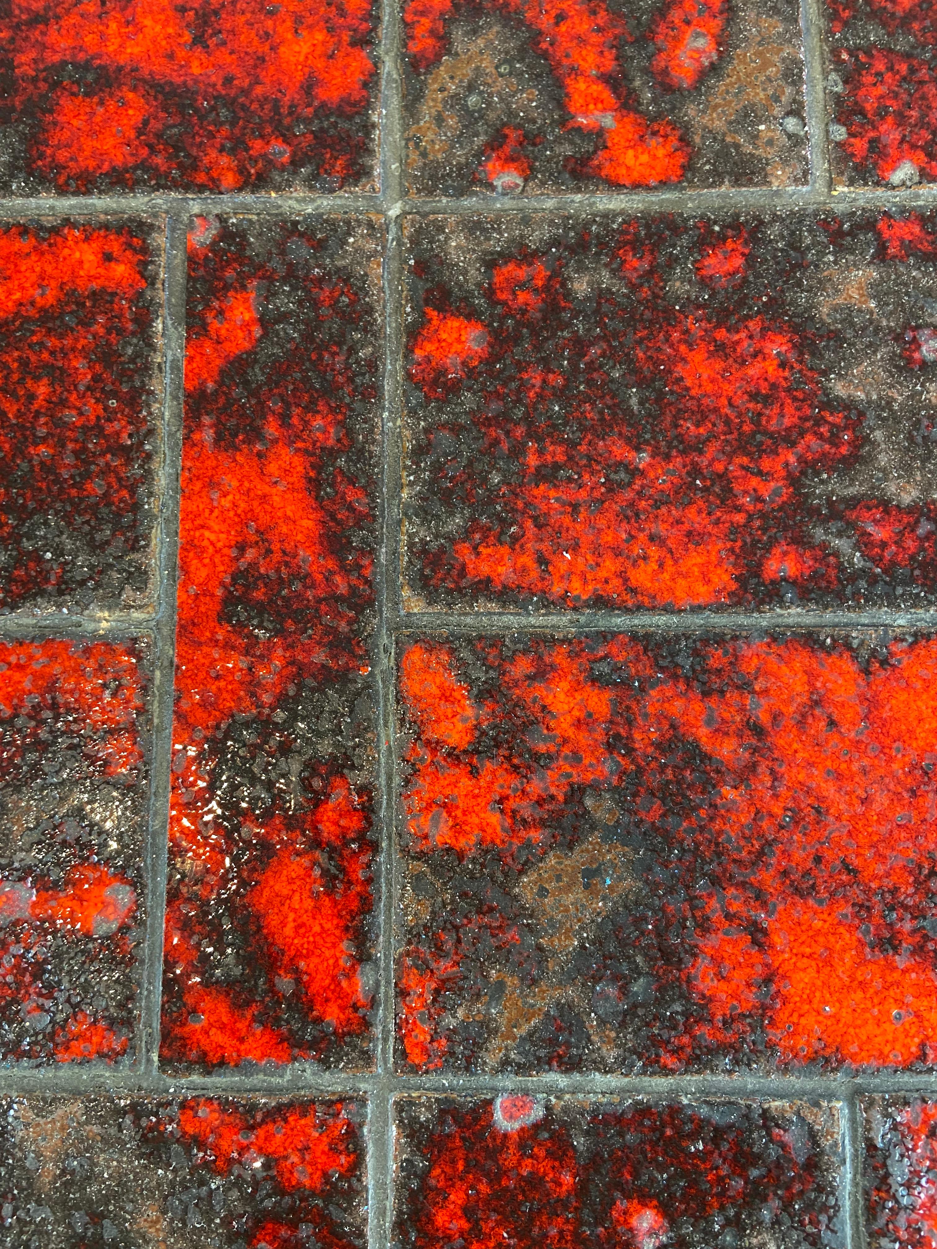 Woodwork Brutalist Coffee Table with Red Glazed Tiles For Sale