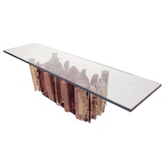 Brutalist Coffee Table with Sculptural Copper and Brass Base and Glass Top