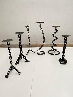 Brutalist Collection of Welded Iron Chain Candeholders 1970s, The Netherlands