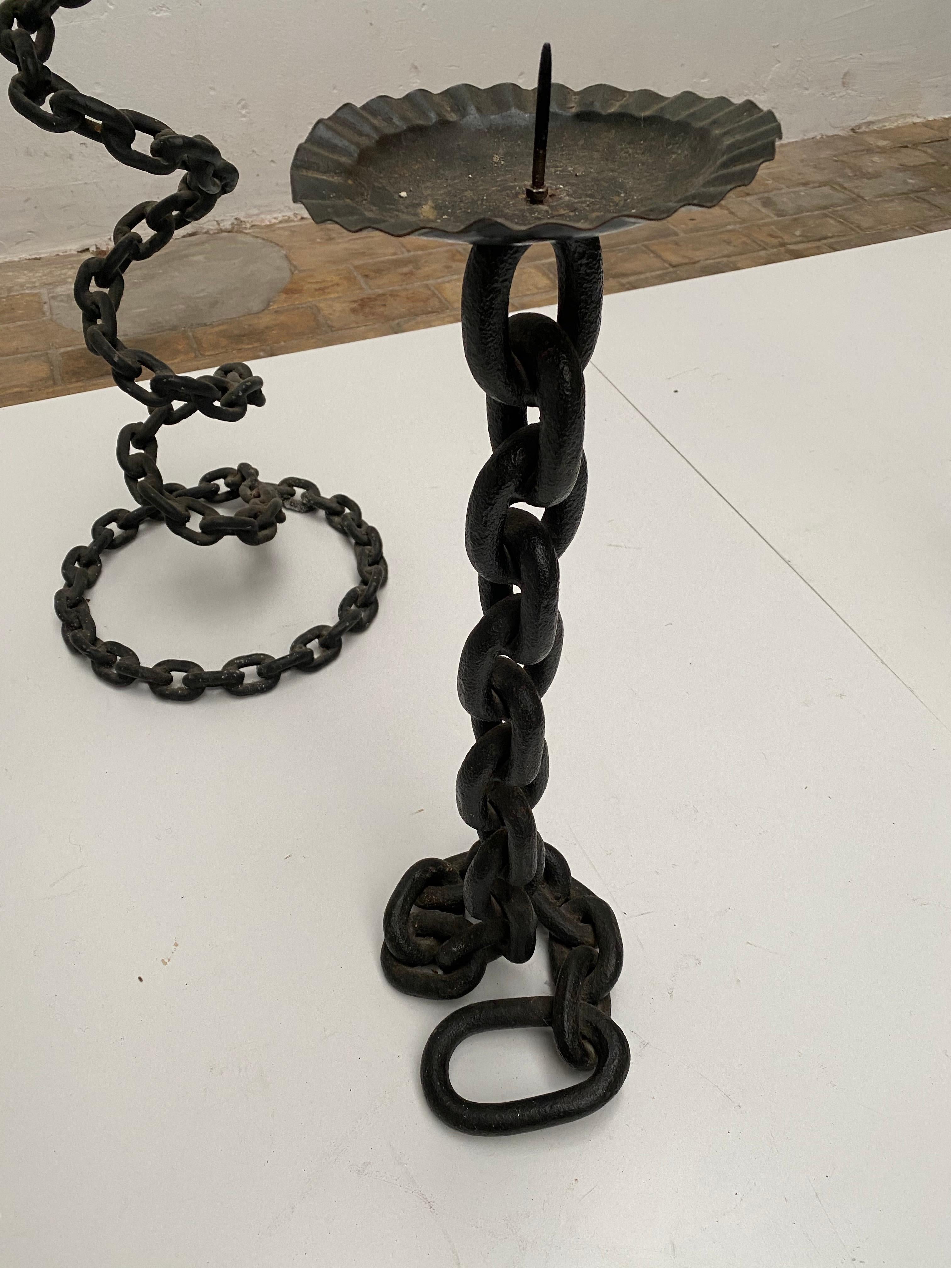 Dutch Brutalist Collection of Welded Iron Chain Candeholders 1970s, The Netherlands For Sale