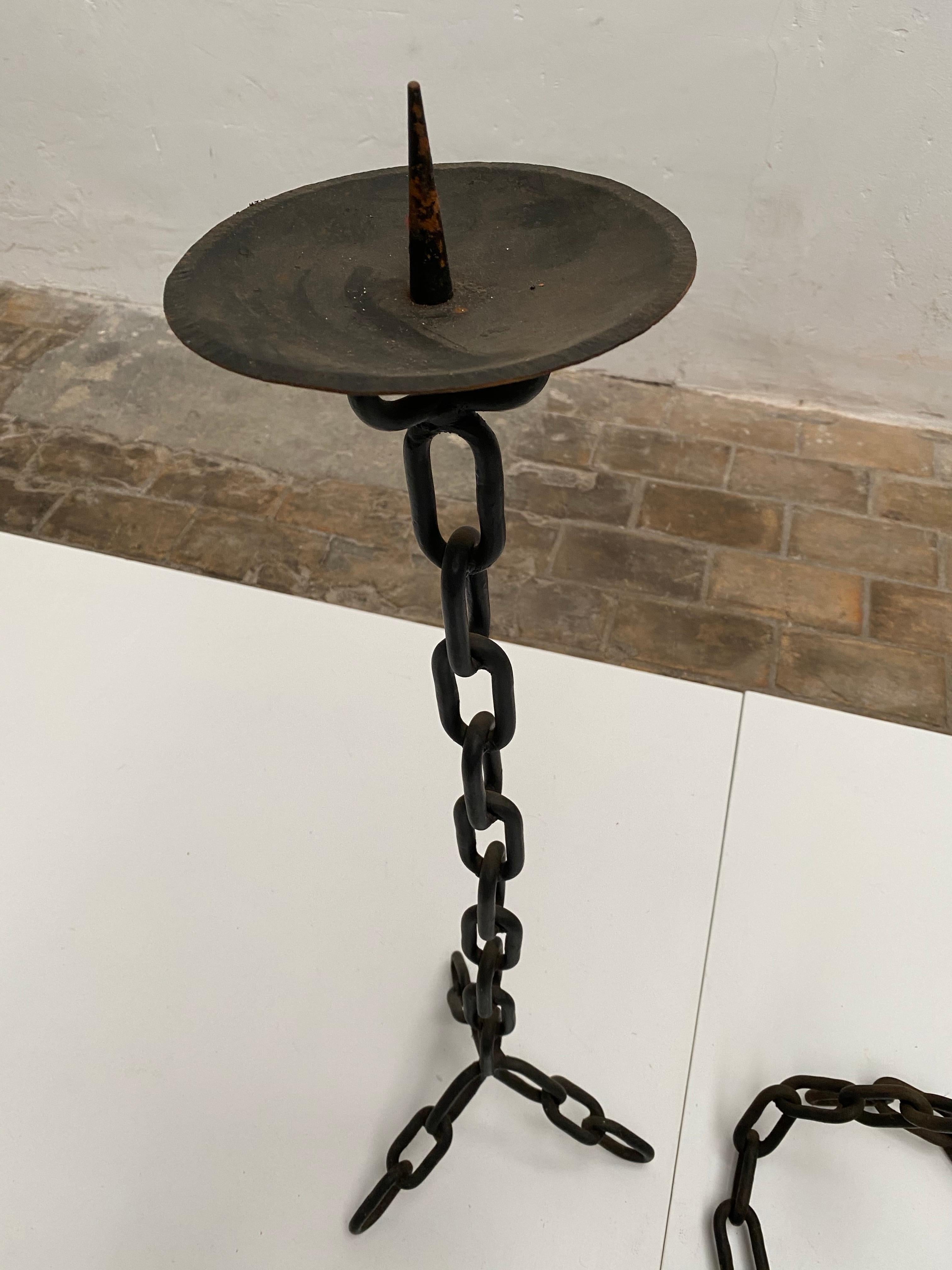 Late 20th Century Brutalist Collection of Welded Iron Chain Candeholders 1970s, The Netherlands For Sale