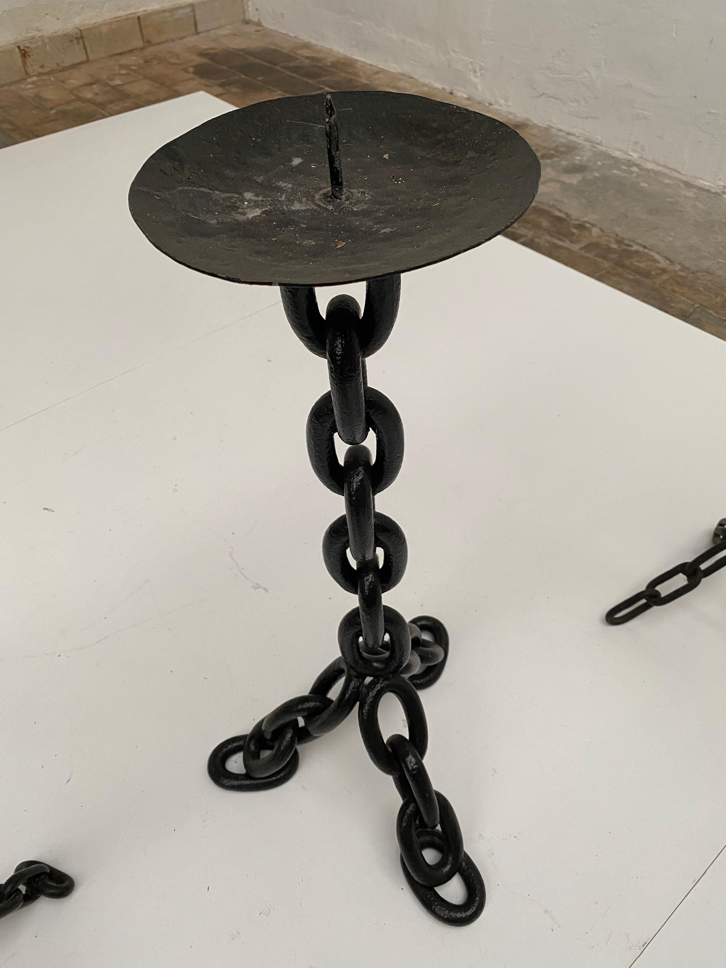 Wrought Iron Brutalist Collection of Welded Iron Chain Candeholders 1970s, The Netherlands For Sale